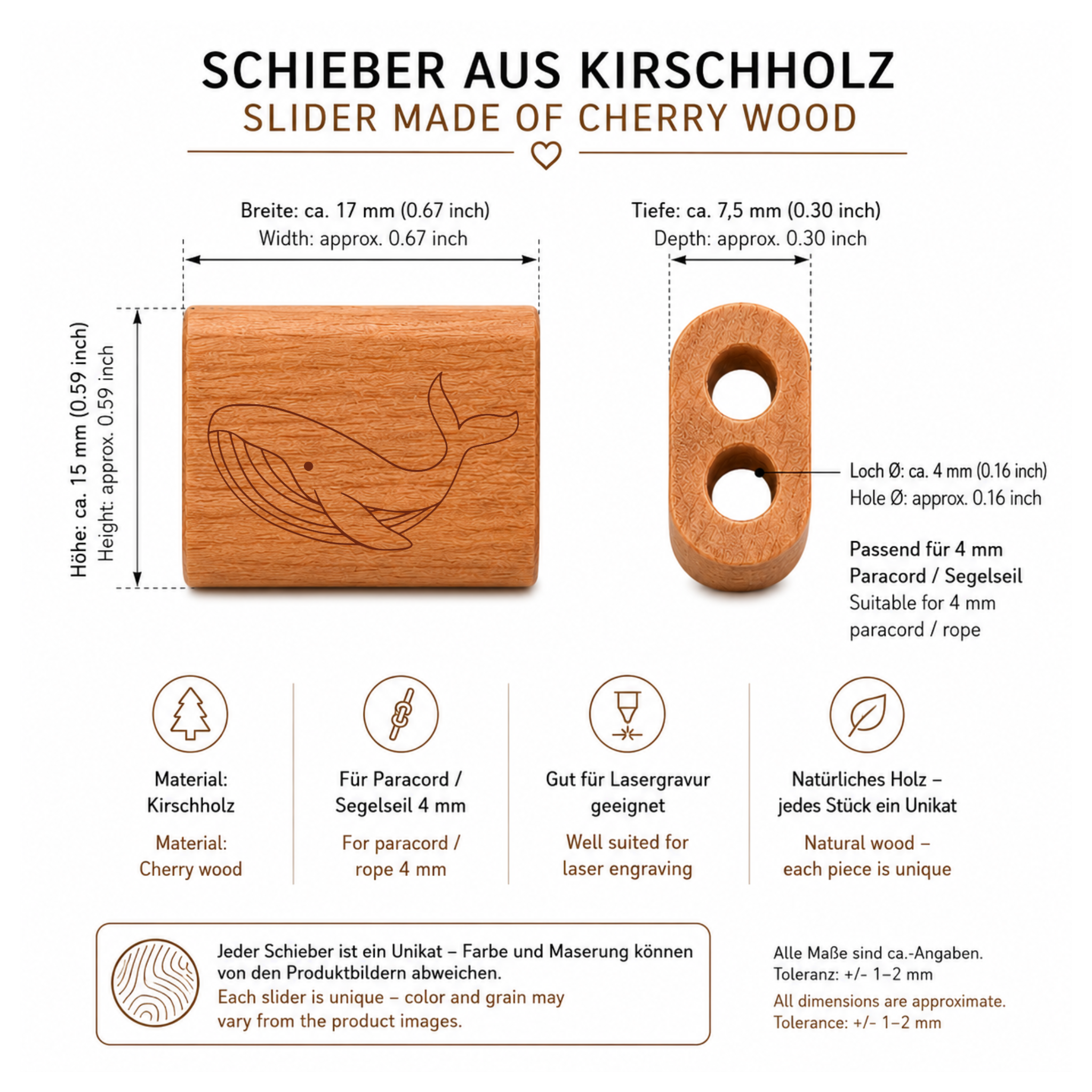 Wal | DIY Holzschieber aus Kirschholz für Paracord- und Segelseil-Armbänder