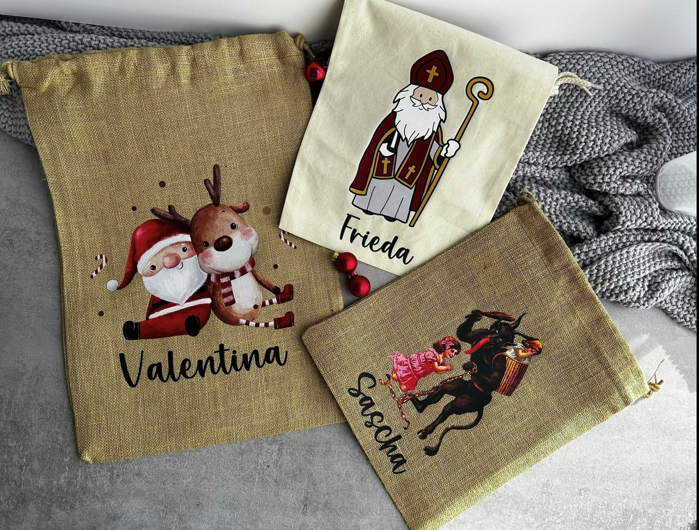 Personalisiertes Nikolaus Säckchen aus Baumwolle/Jute – Geschenkbeutel für Kinder – Nachhaltige Verpackung – Nikolausbeutel mit Name
