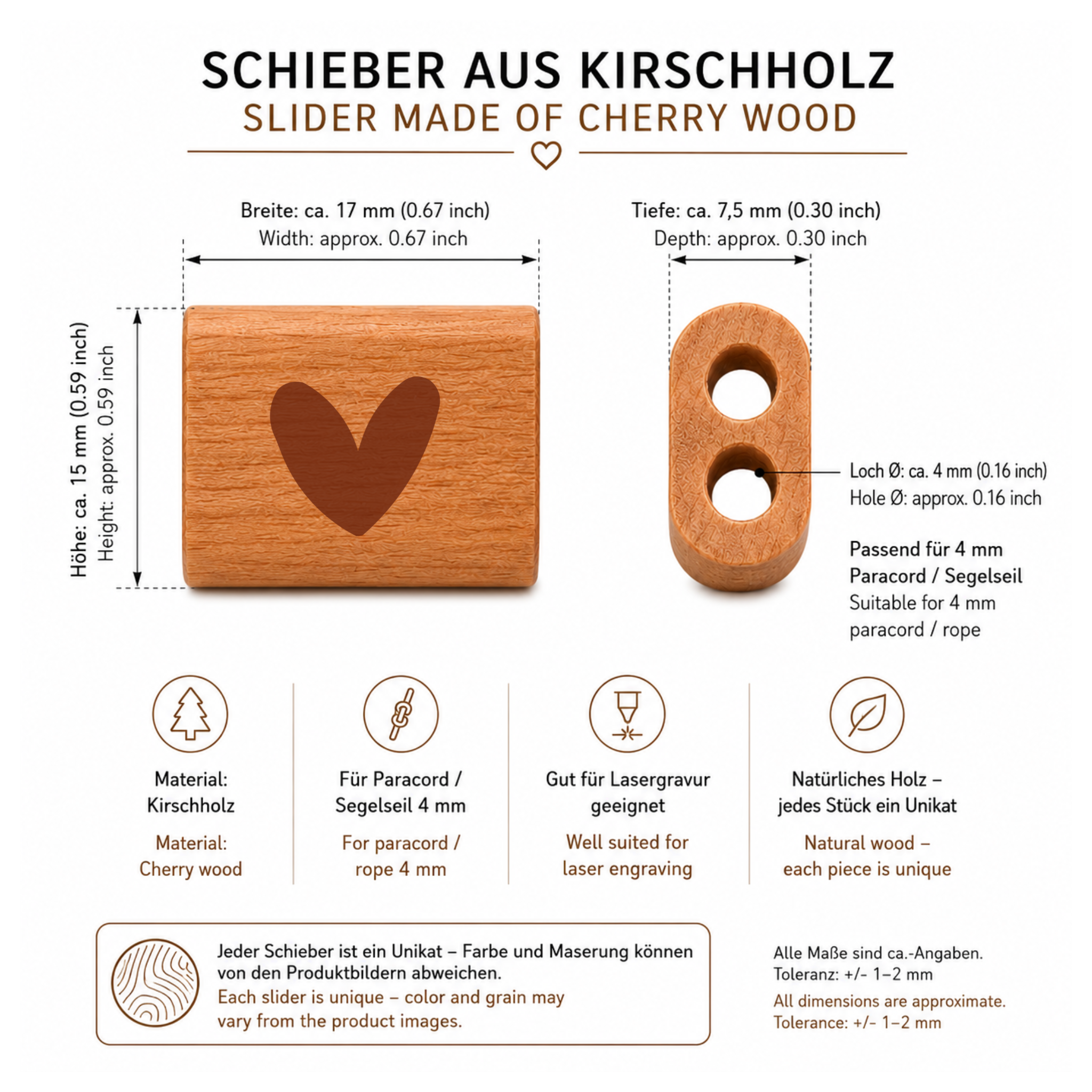 Herz | DIY Holzschieber aus Kirschholz für Paracord- und Segelseil-Armbänder