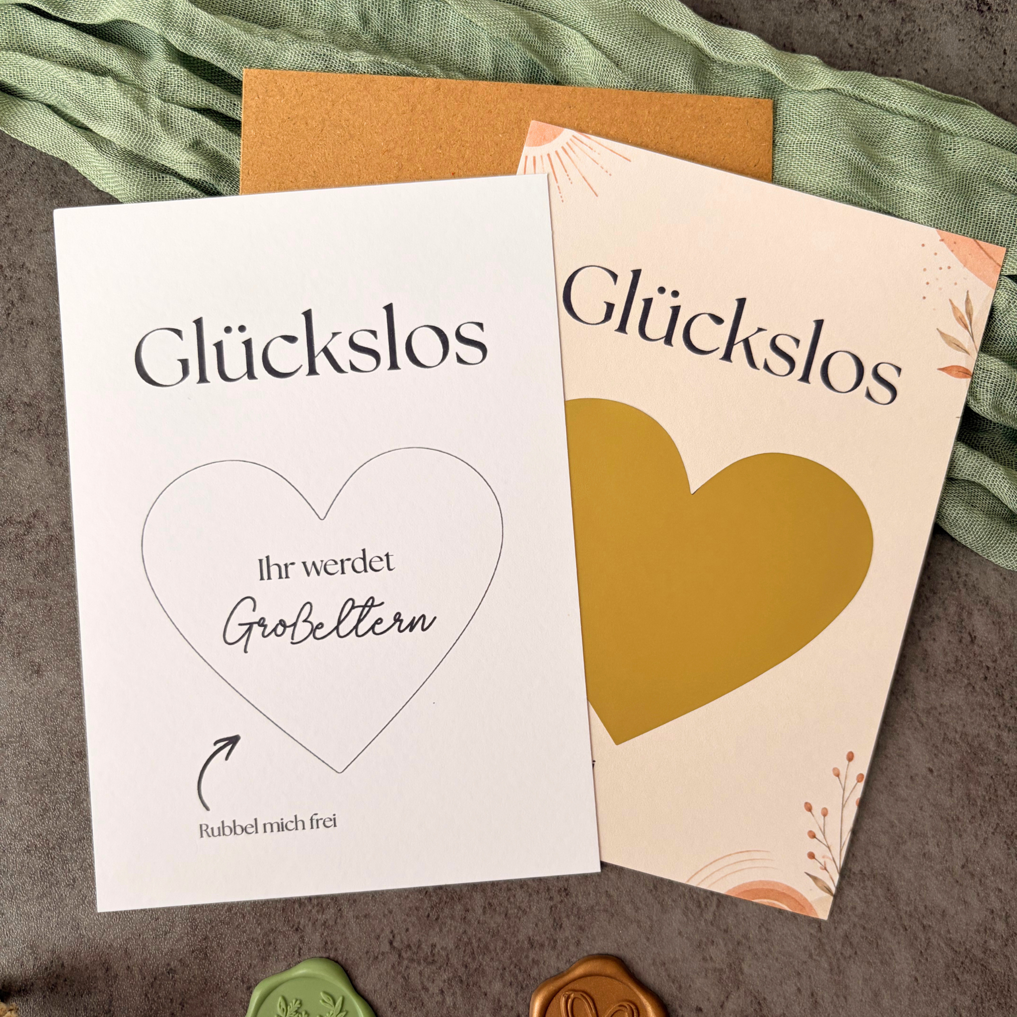 Rubbelkarte „Ihr werdet Großeltern“ mit goldenem Rubbelherz