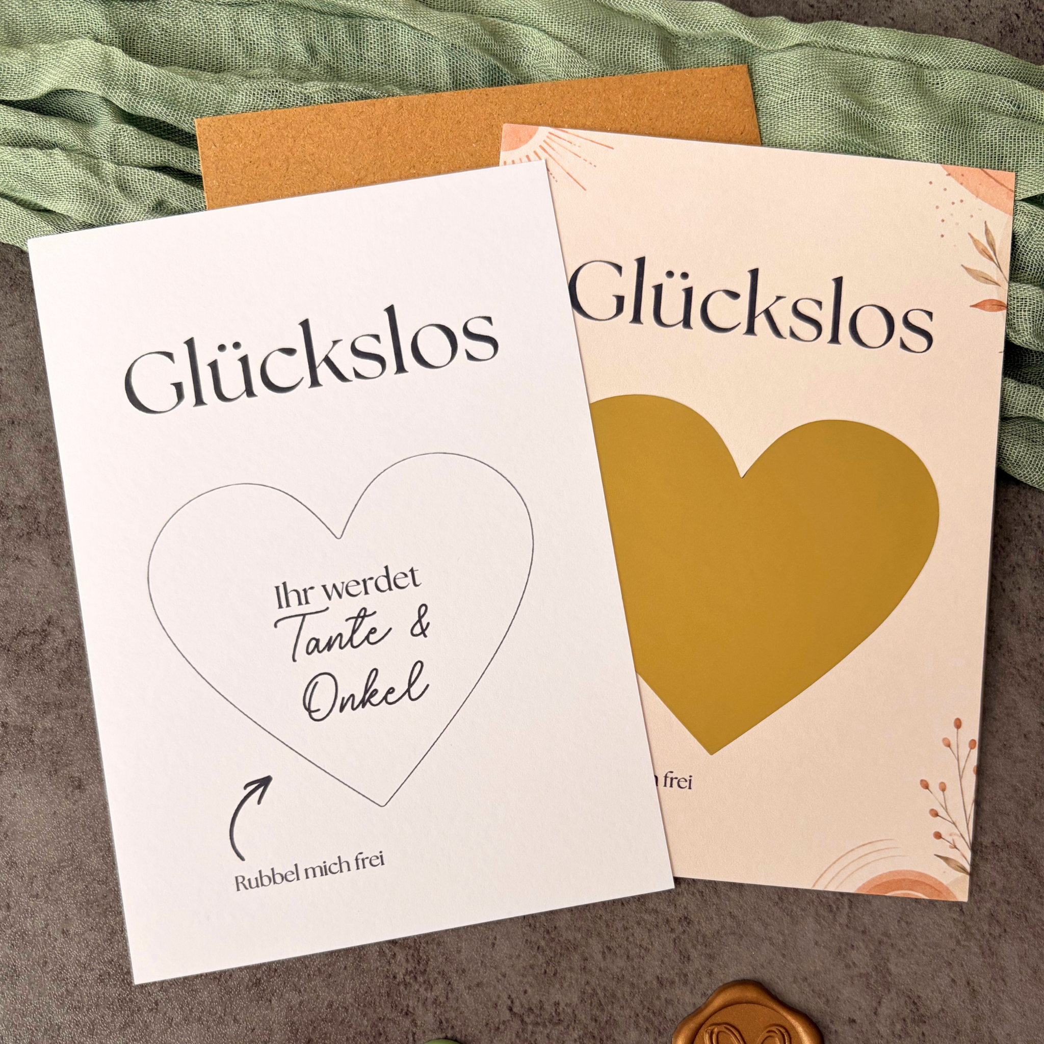 Rubbelkarte „Ihr werdet Tante & Onkel“ mit goldenem Rubbelherz