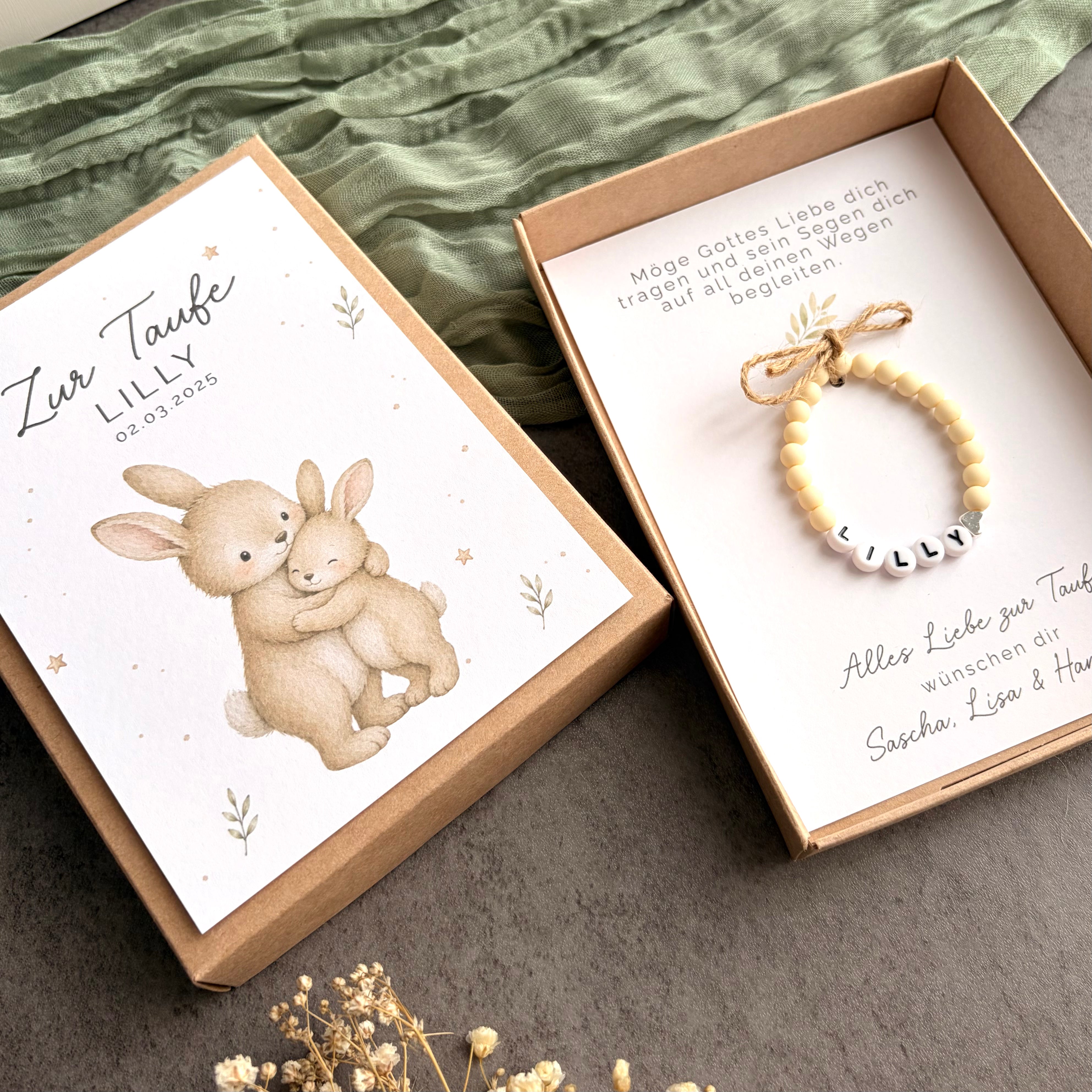 Geschenkbox zur Taufe mit Perlenarmband - Hase - Detailansicht 2