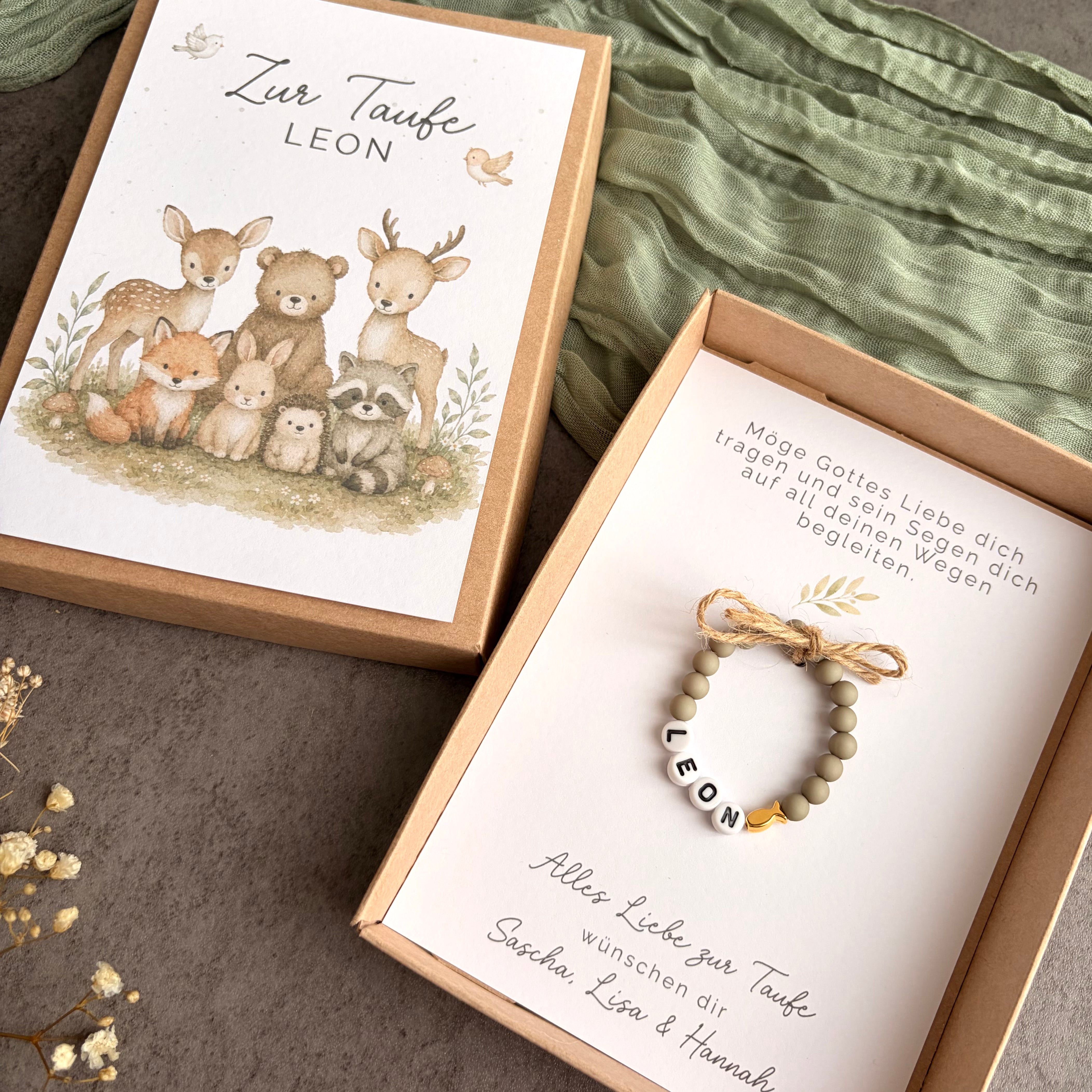 Geschenkbox zur Taufe mit Perlenarmband - Waldtiere - Detailansicht 4