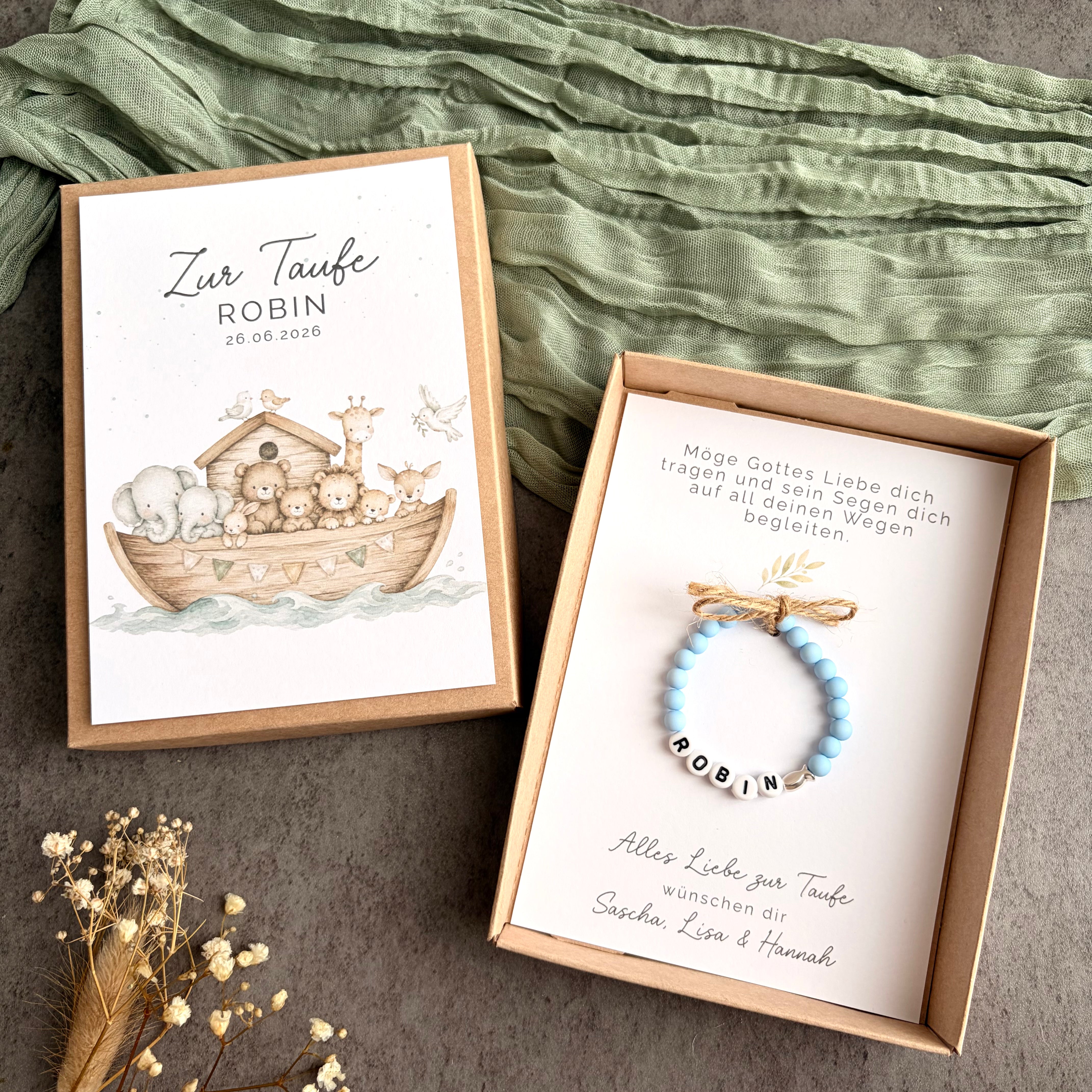 Geschenkbox zur Taufe mit Perlenarmband - Arche Noah - Produktansicht