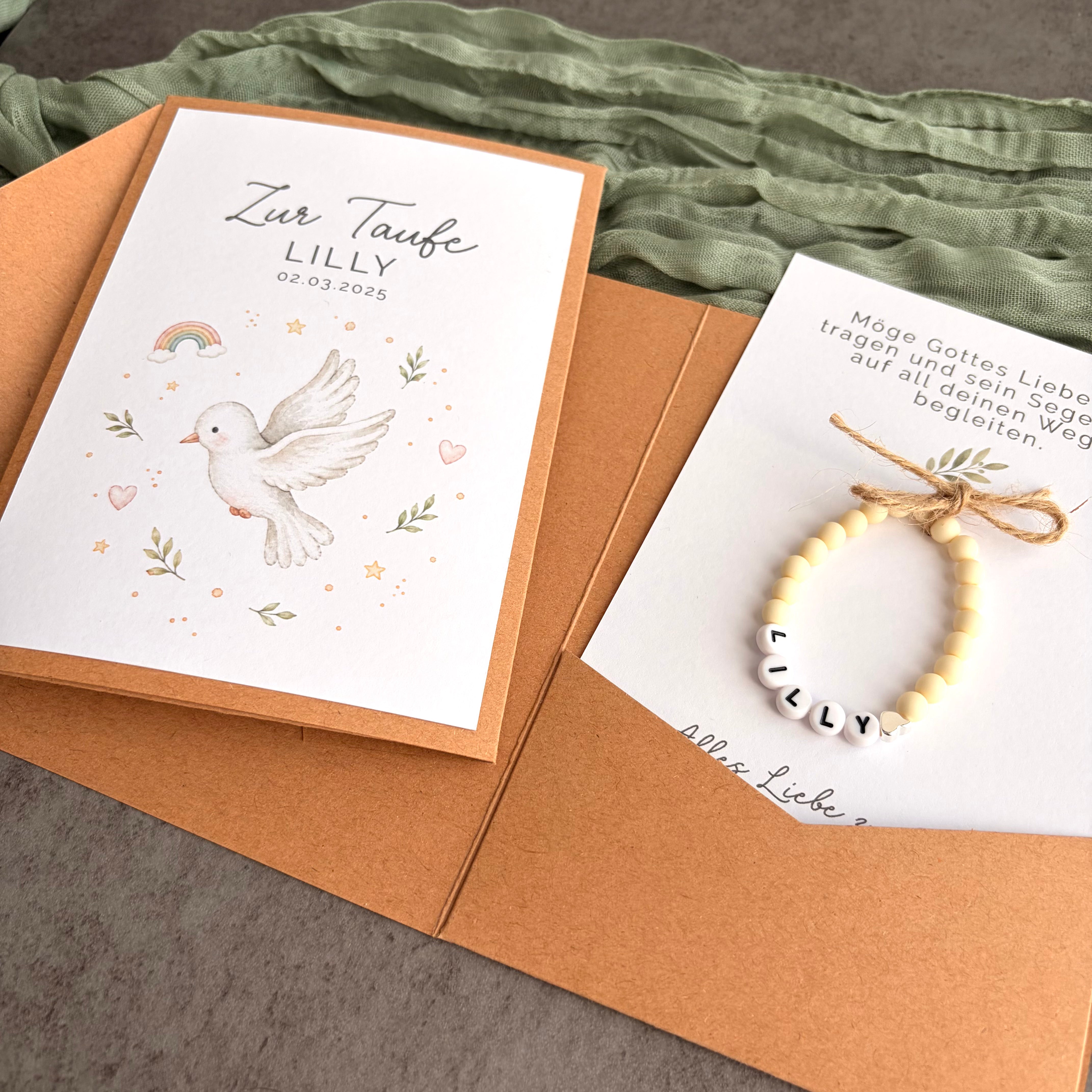 Taufgeschenk mit Perlenarmband im Pocketfold - Taube - Detailansicht 5