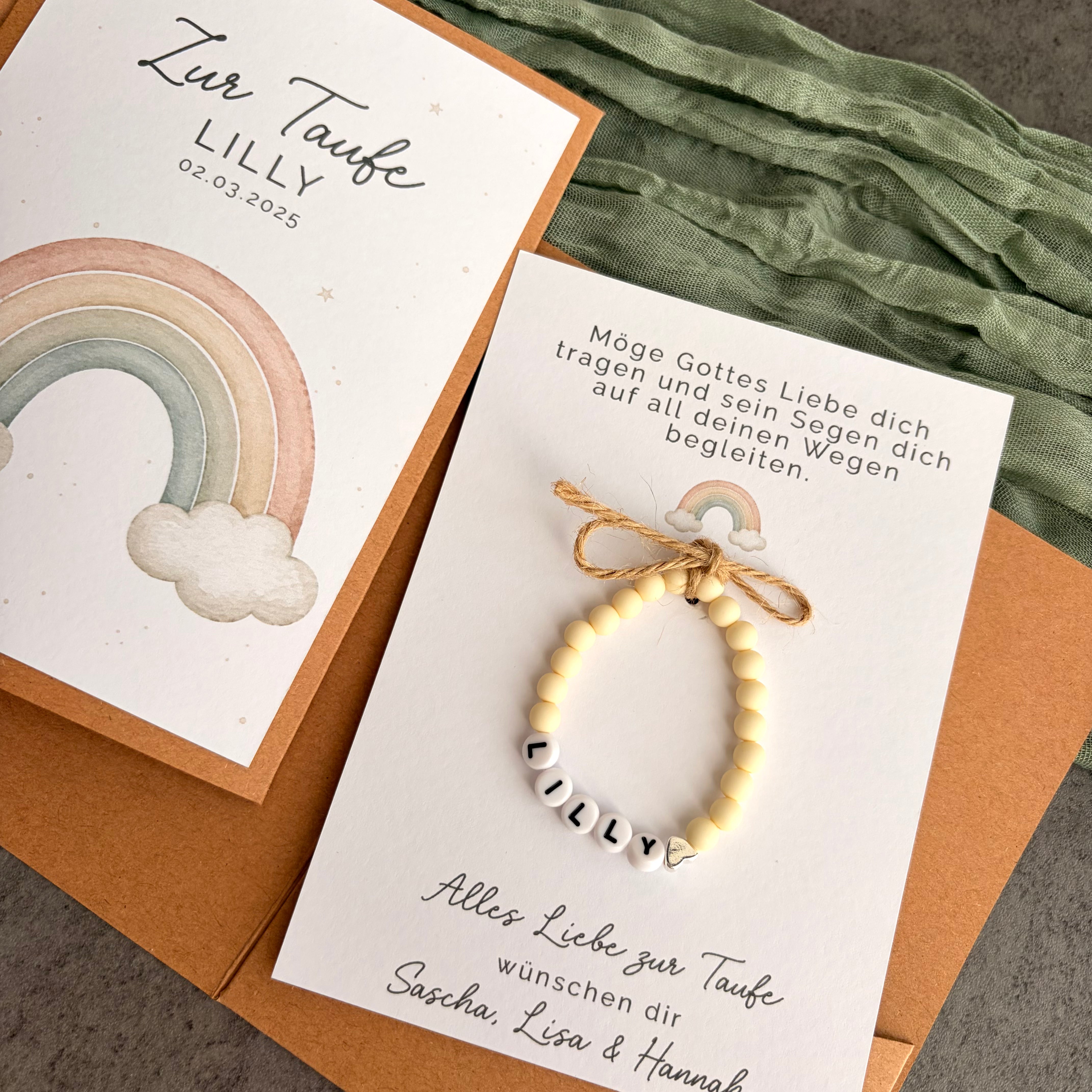 Taufgeschenk mit Perlenarmband im Pocketfold - Regenbogen - Detailansicht 1