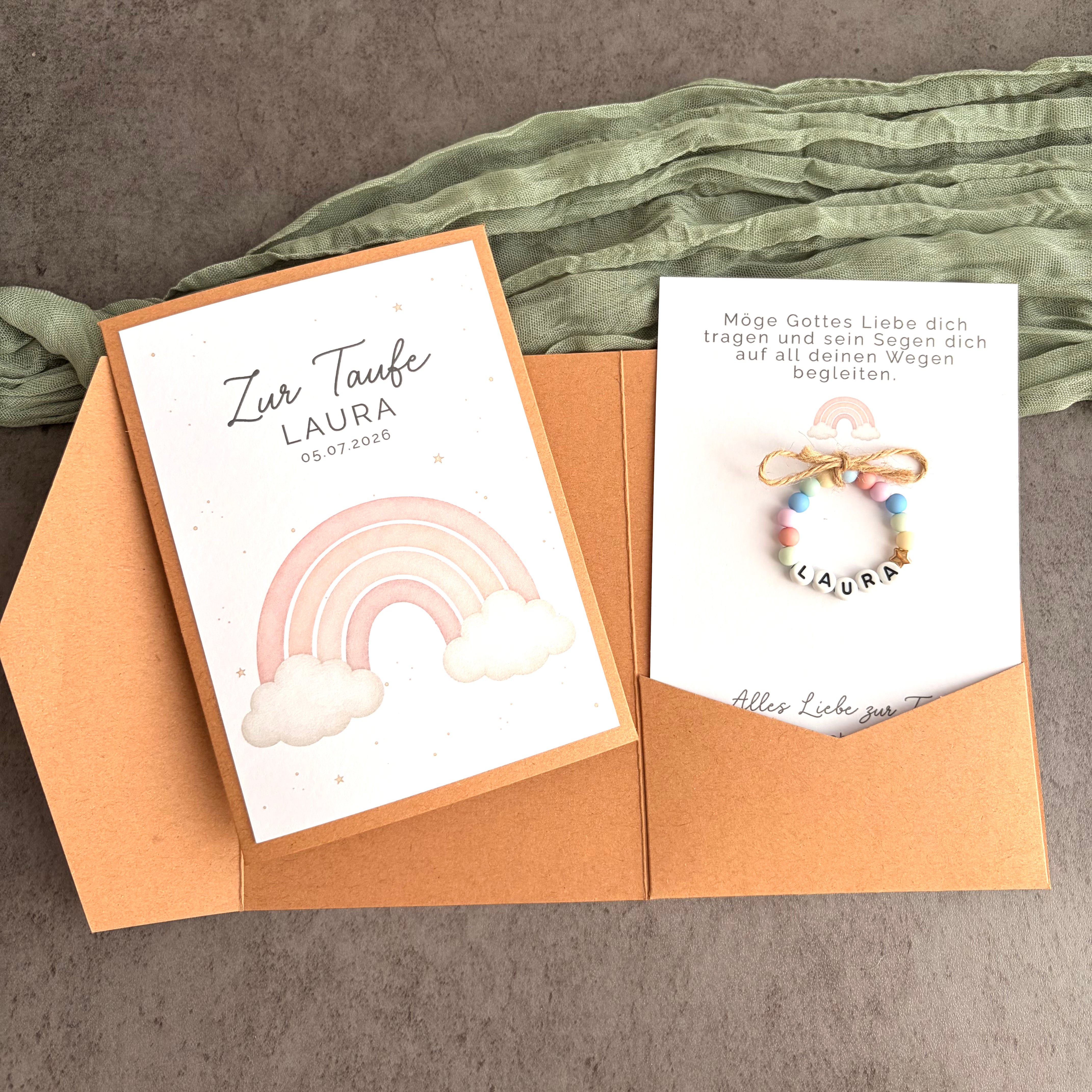 Taufgeschenk mit Perlenarmband im Pocketfold - Regenbogen Rosa - Produktansicht