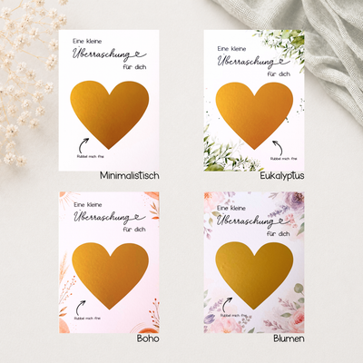 Vier Rubbelkarten-Designs: Minimalistisch, Eukalyptus, Boho und Blumen