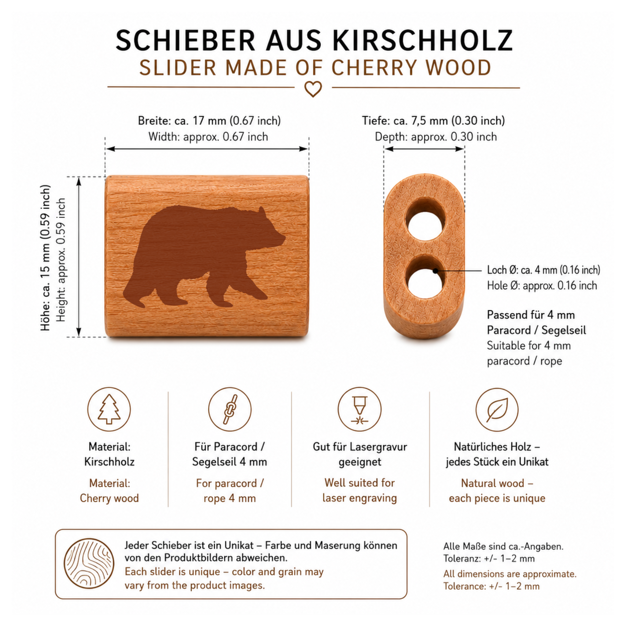 Bär Groß | DIY Holzschieber aus Kirschholz für Paracord- und Segelseil-Armbänder