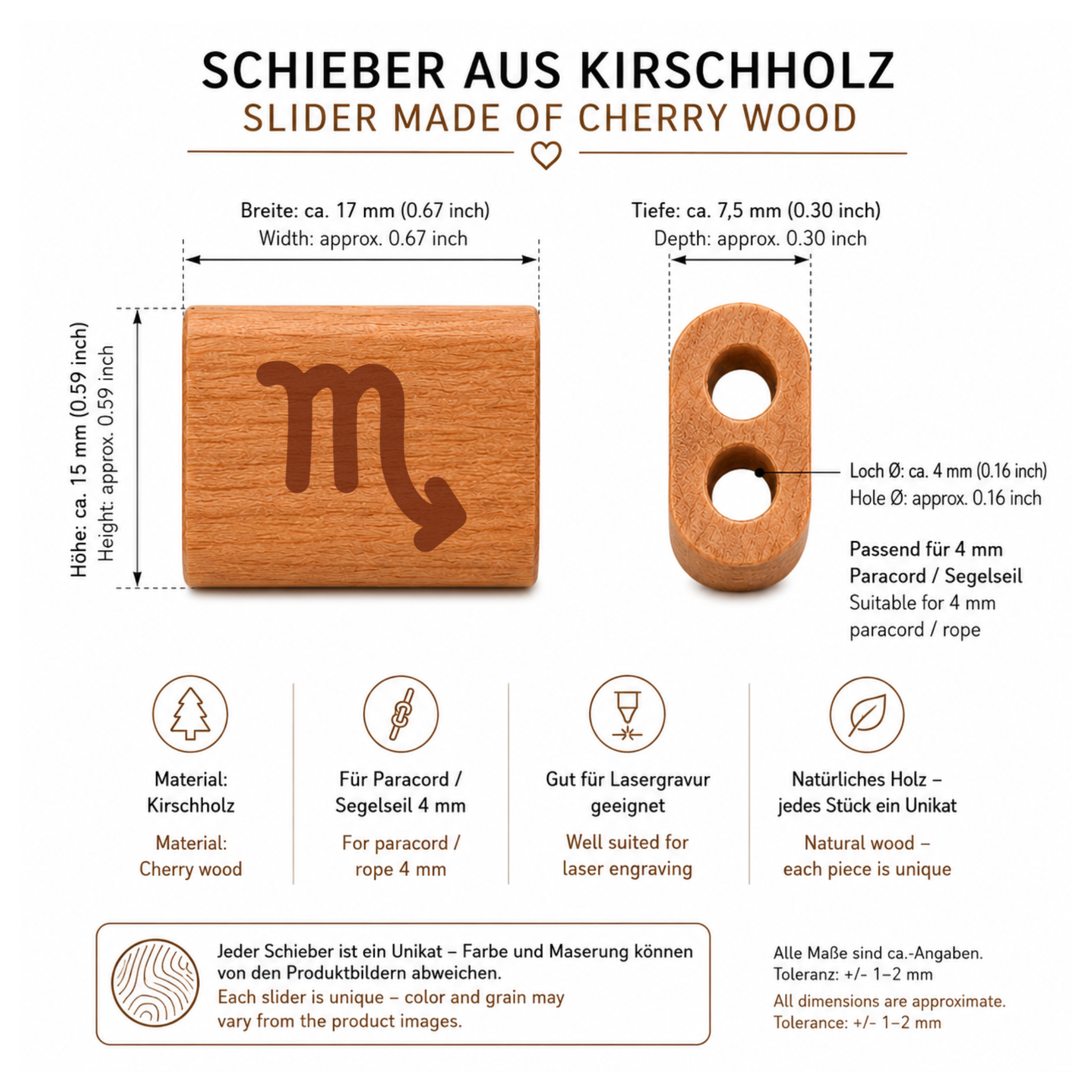 Sternzeichen Skorpion | DIY Holzschieber aus Kirschholz für Paracord- und Segelseil-Armbänder