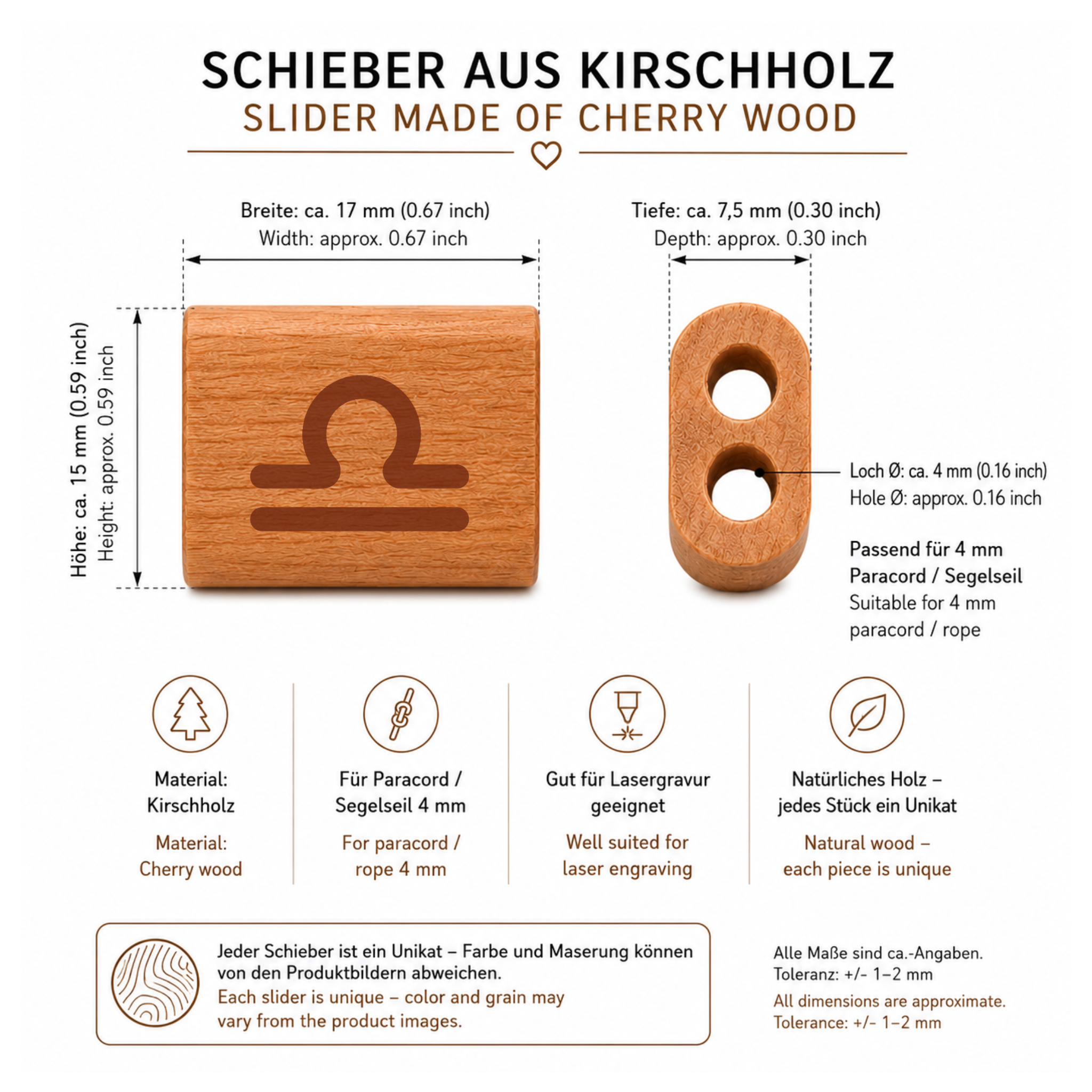 Sternzeichen Waage | DIY Holzschieber aus Kirschholz für Paracord- und Segelseil-Armbänder