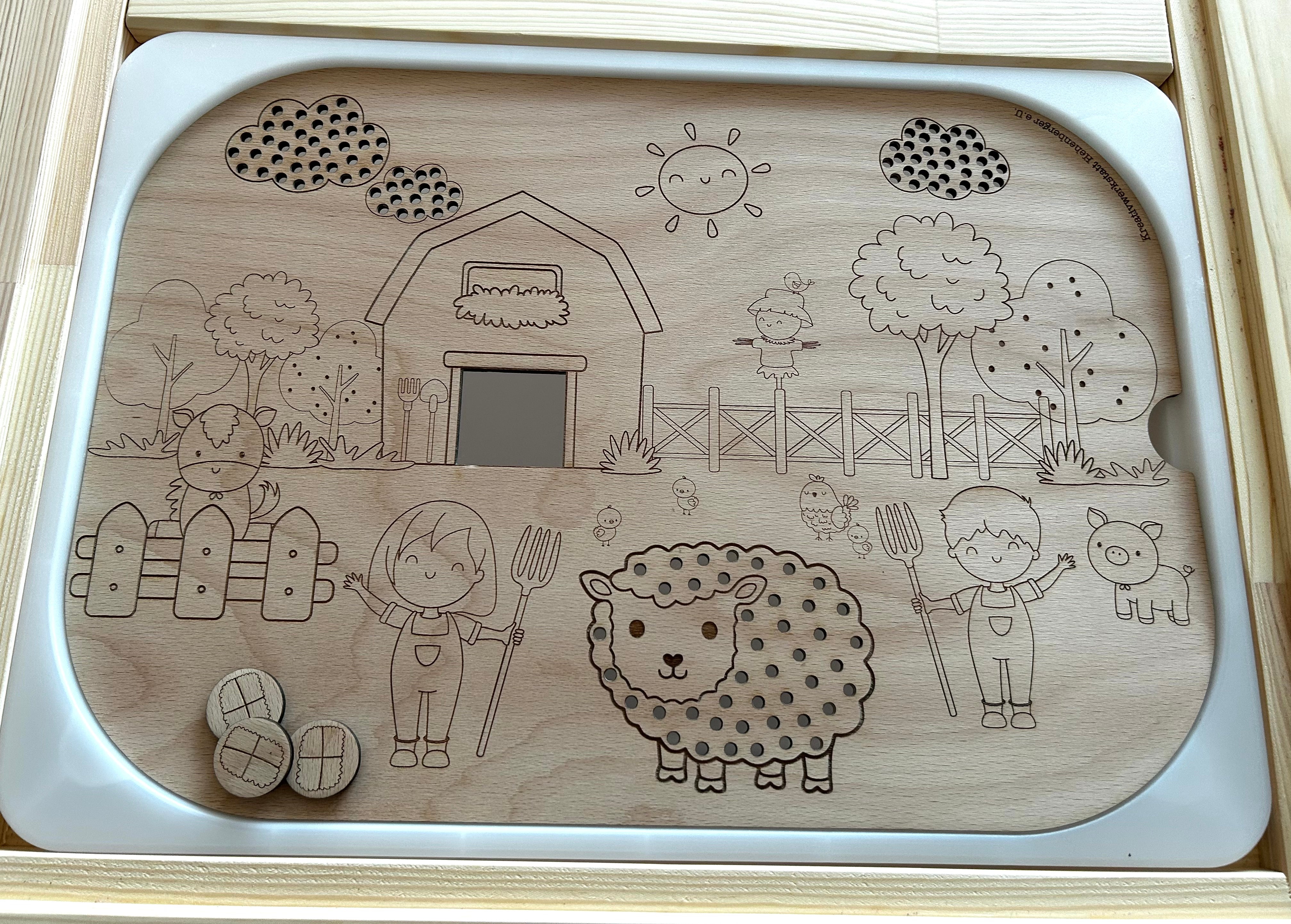 Bauernhof Lernplatte Montessori aus Holz – Sensorikspiel für Kinder | Trofast kompatibel | Feinmotorik fördern | Aktivitätsplatte