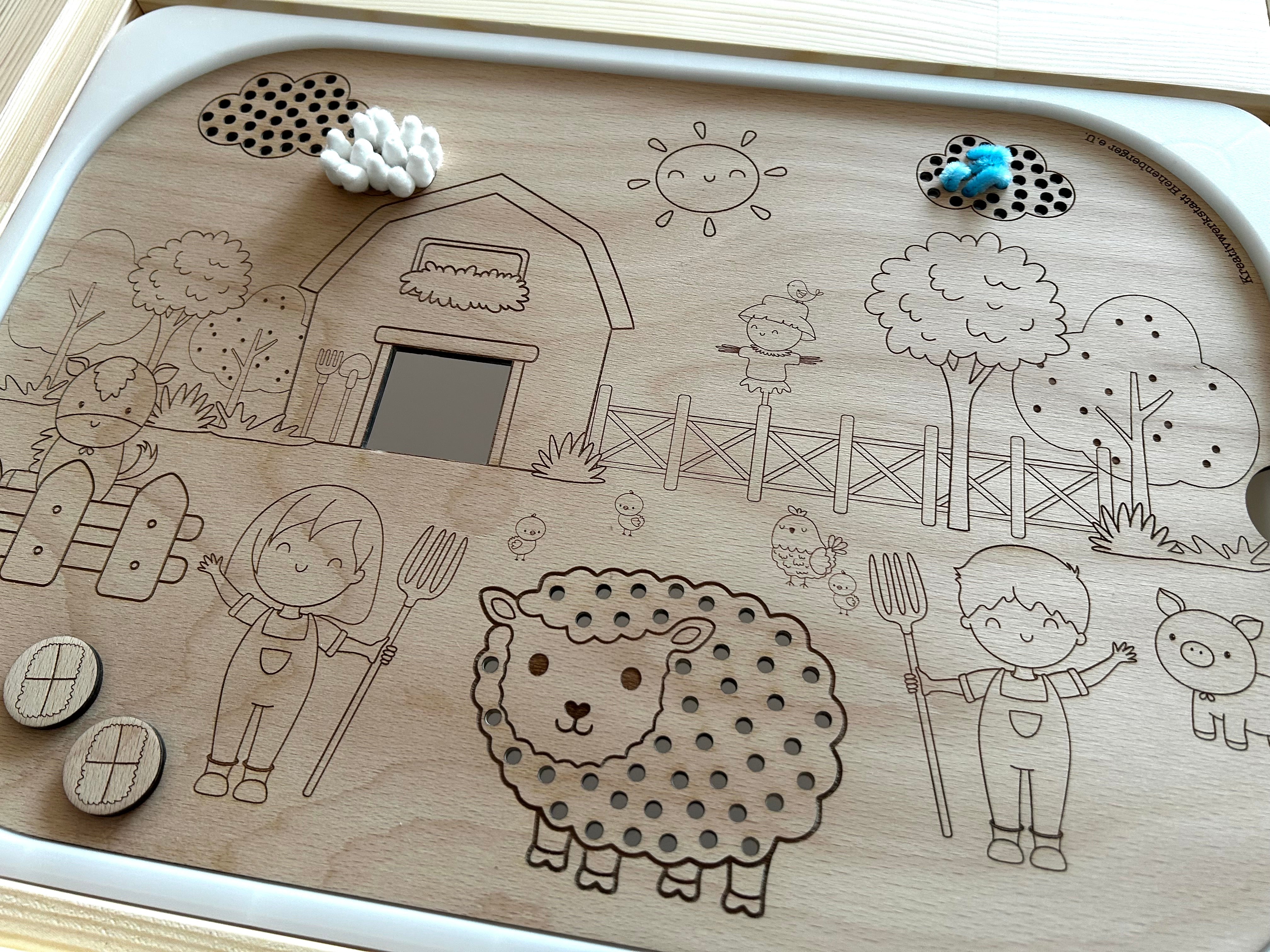 Bauernhof Lernplatte Montessori aus Holz – Sensorikspiel für Kinder | Trofast kompatibel | Feinmotorik fördern | Aktivitätsplatte