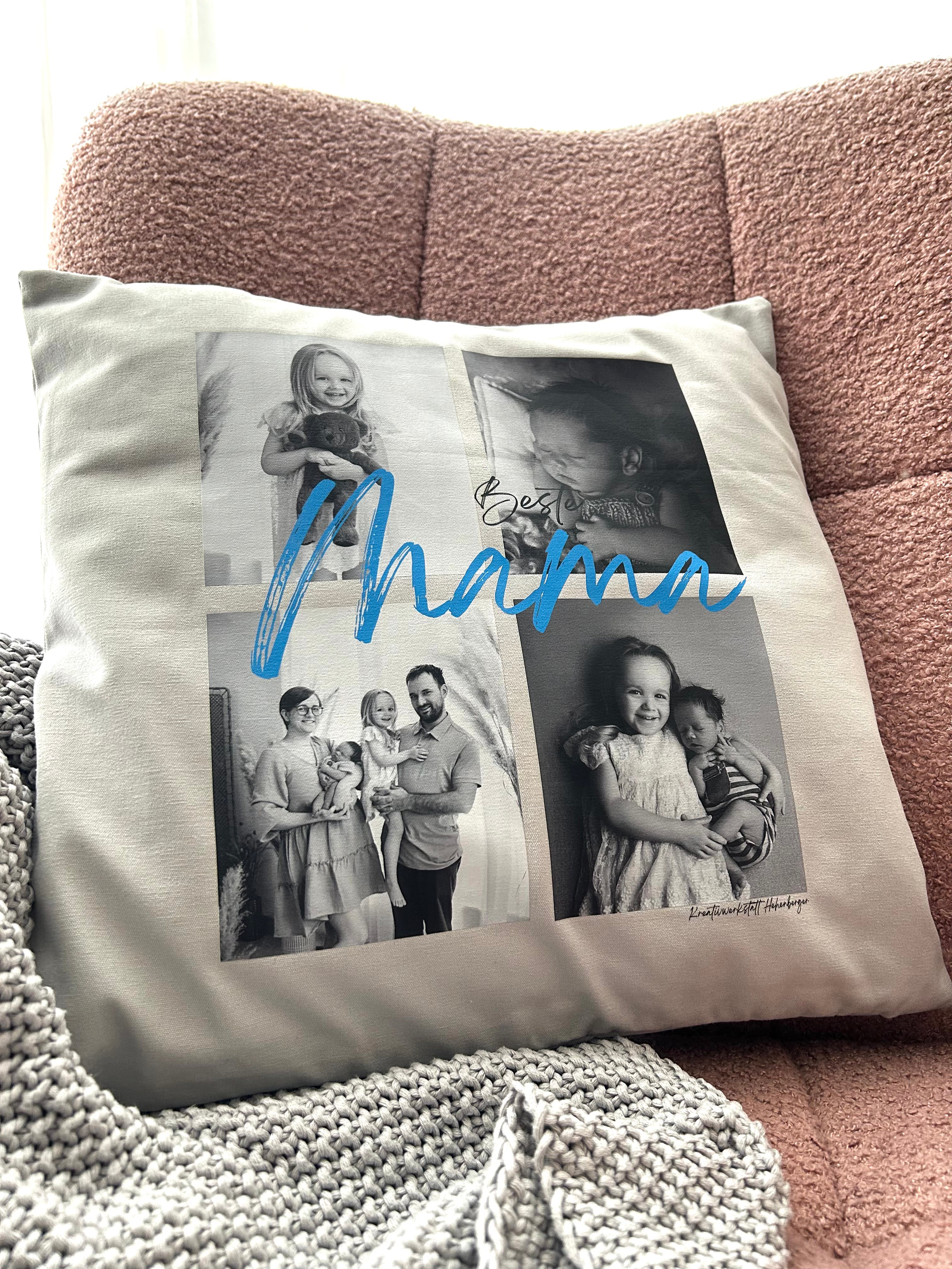 Erinnerungskissen mit Bildern & Wunschtext – Geschenk Eltern, Großeltern – Personalisiertes Kissen  – Fairtrade Baumwolle Motiv1
