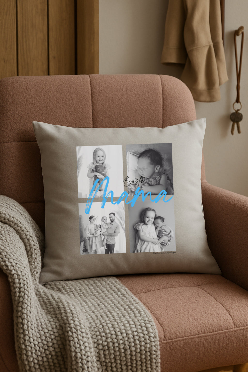Erinnerungskissen mit Bildern & Wunschtext – Geschenk Eltern, Großeltern – Personalisiertes Kissen  – Fairtrade Baumwolle Motiv1