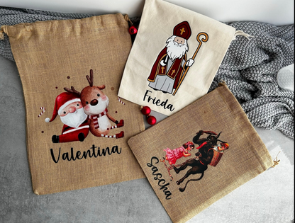 Personalisiertes Nikolaus Säckchen aus Baumwolle/Jute – Geschenkbeutel für Kinder – Nachhaltige Verpackung – Nikolausbeutel mit Name