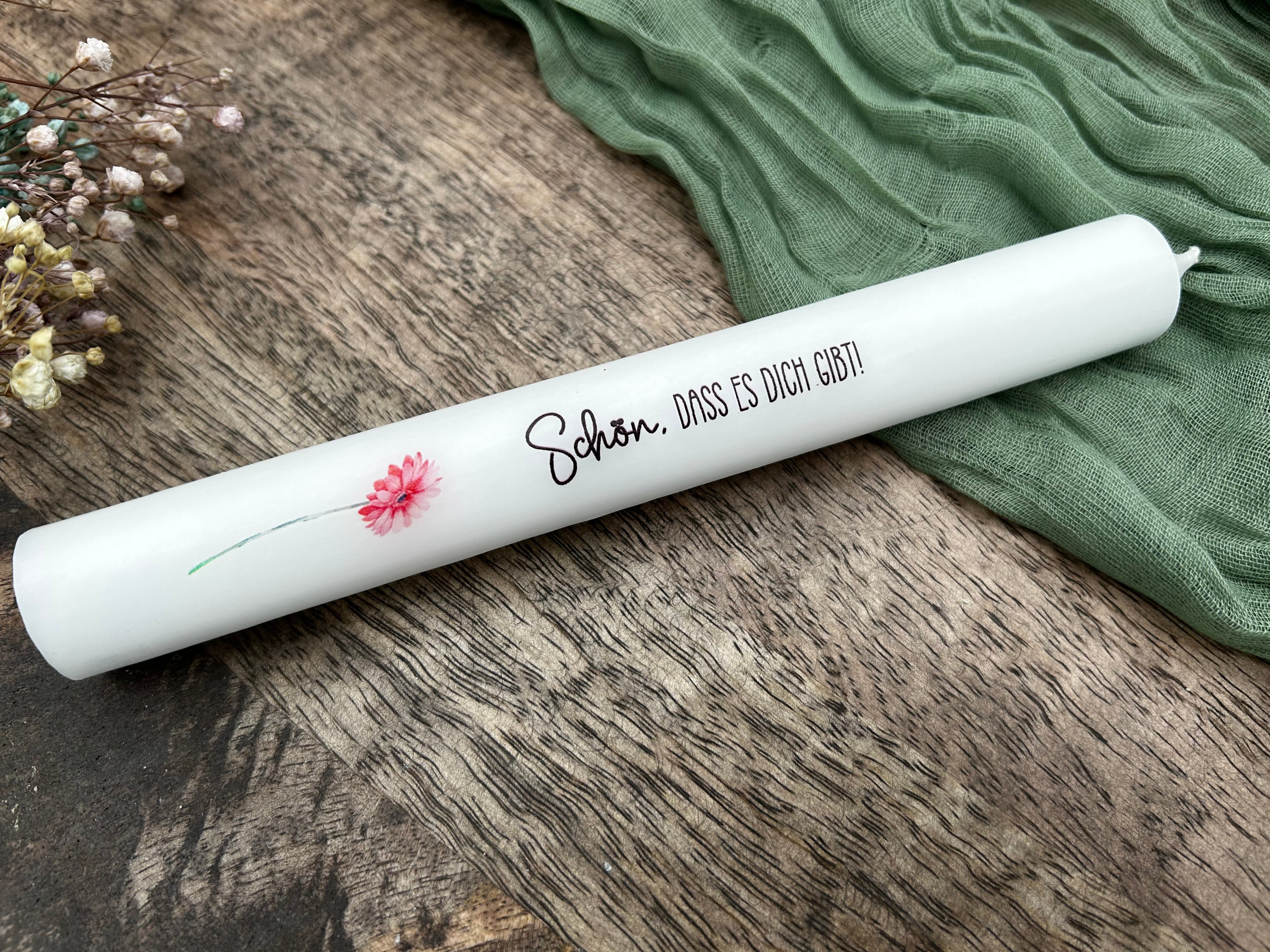 Stabkerze – Schön, dass es dich gibt – Geschenk mit Blume – Mitbringsel für Freundin, Mama, Erzieherin, Dankeschön