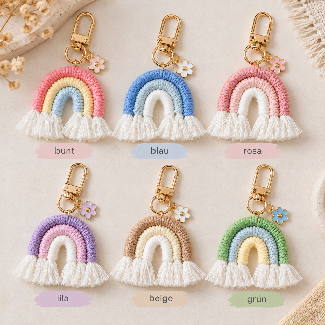 Regenbogen-Schlüsselanhänger mit Blumen-Charm