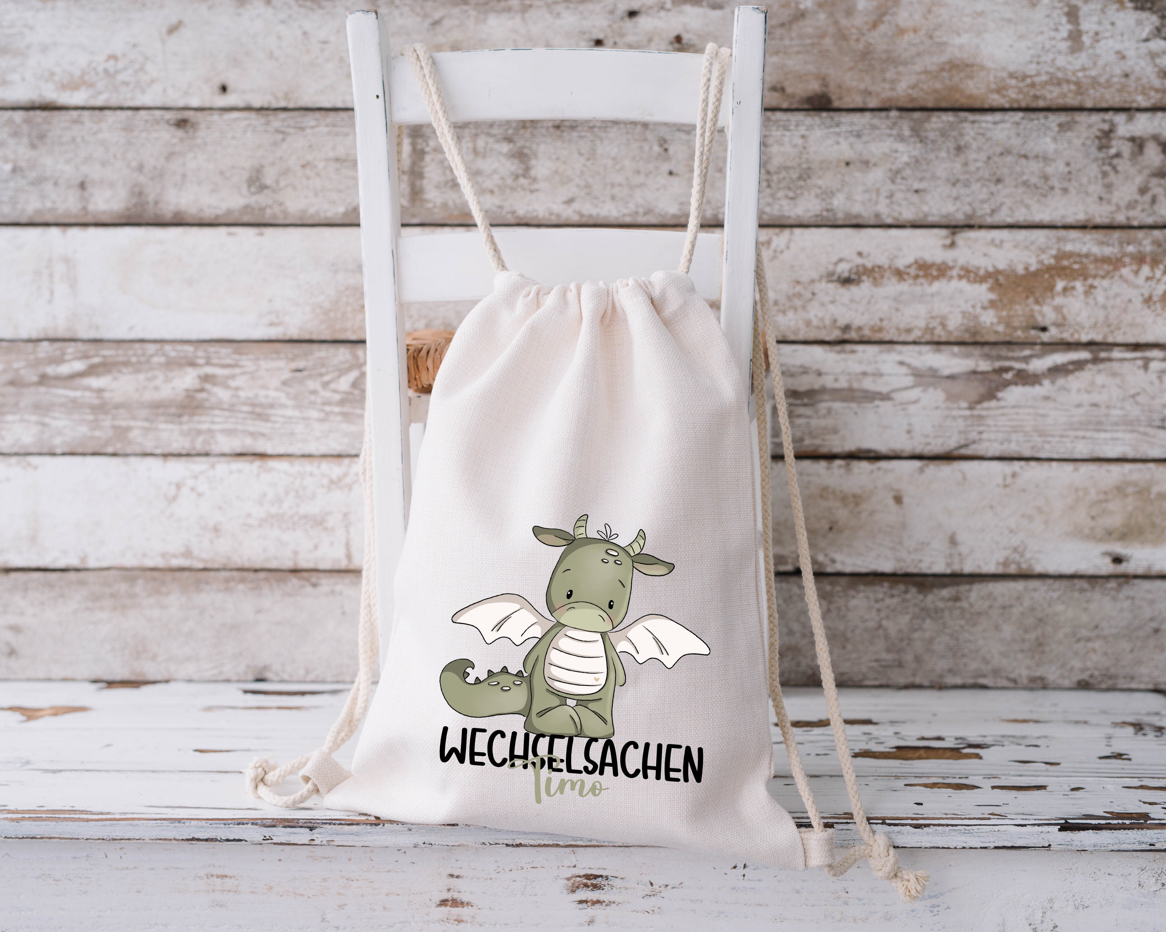 Wechselkleidung Beutel mit Name – Stofftasche Kita & Kindergarten | Drache