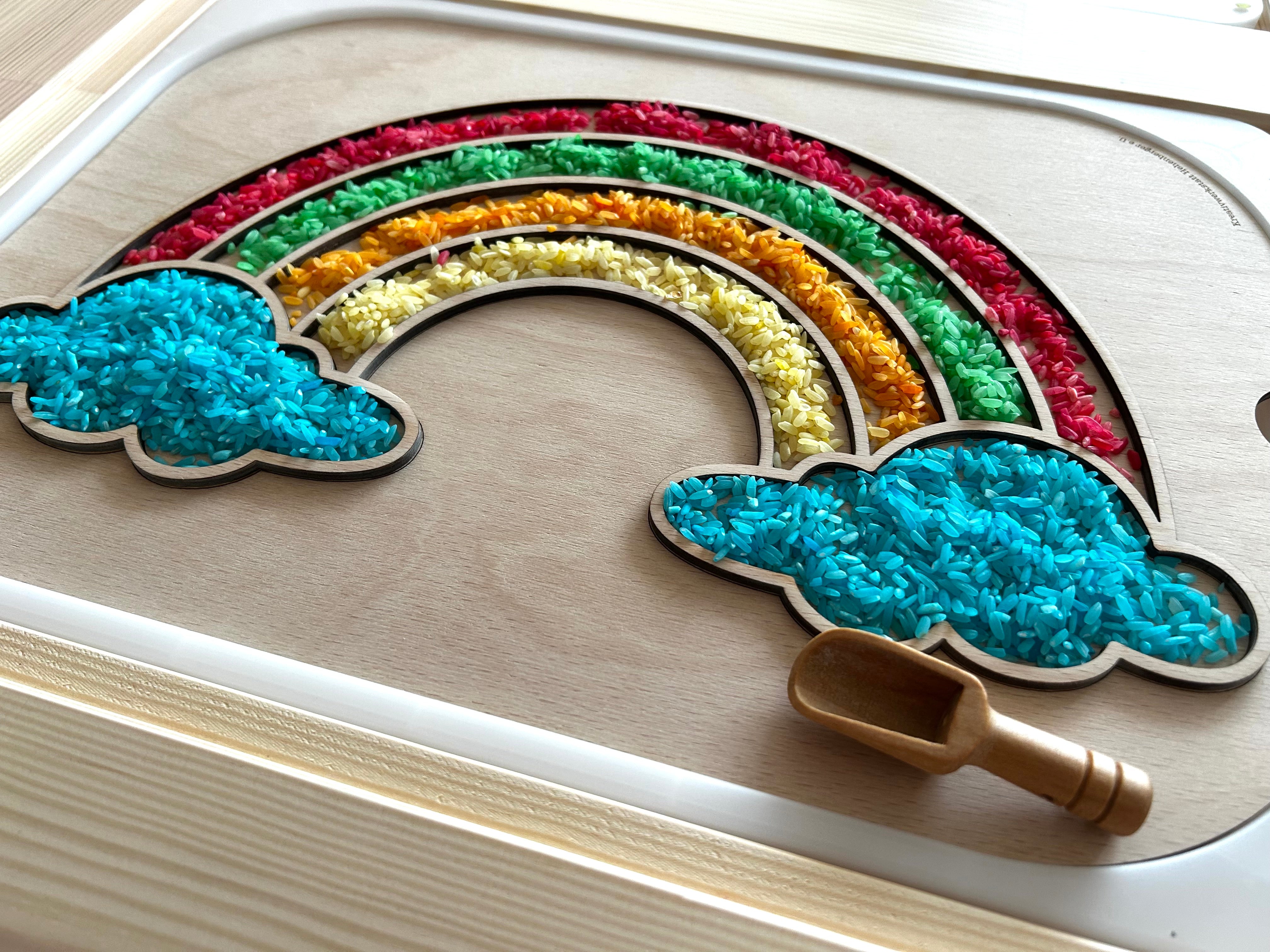 Regenbogenplatte befüllbar Montessori aus Holz – Sensorikspiel für Kinder | Trofast kompatibel | Feinmotorik fördern | Aktivitätsplatte (Kopie)
