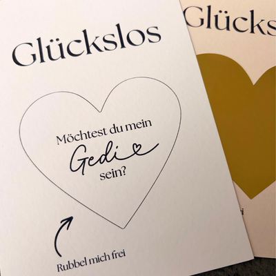 Rubbelkarte „Willst du mein Gedi sein?“ vor und nach dem Freirubbeln