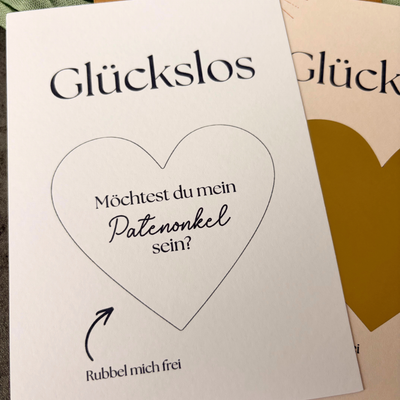 Rubbelkarte „Willst du mein Patenonkel sein?“ vor und nach dem Freirubbeln