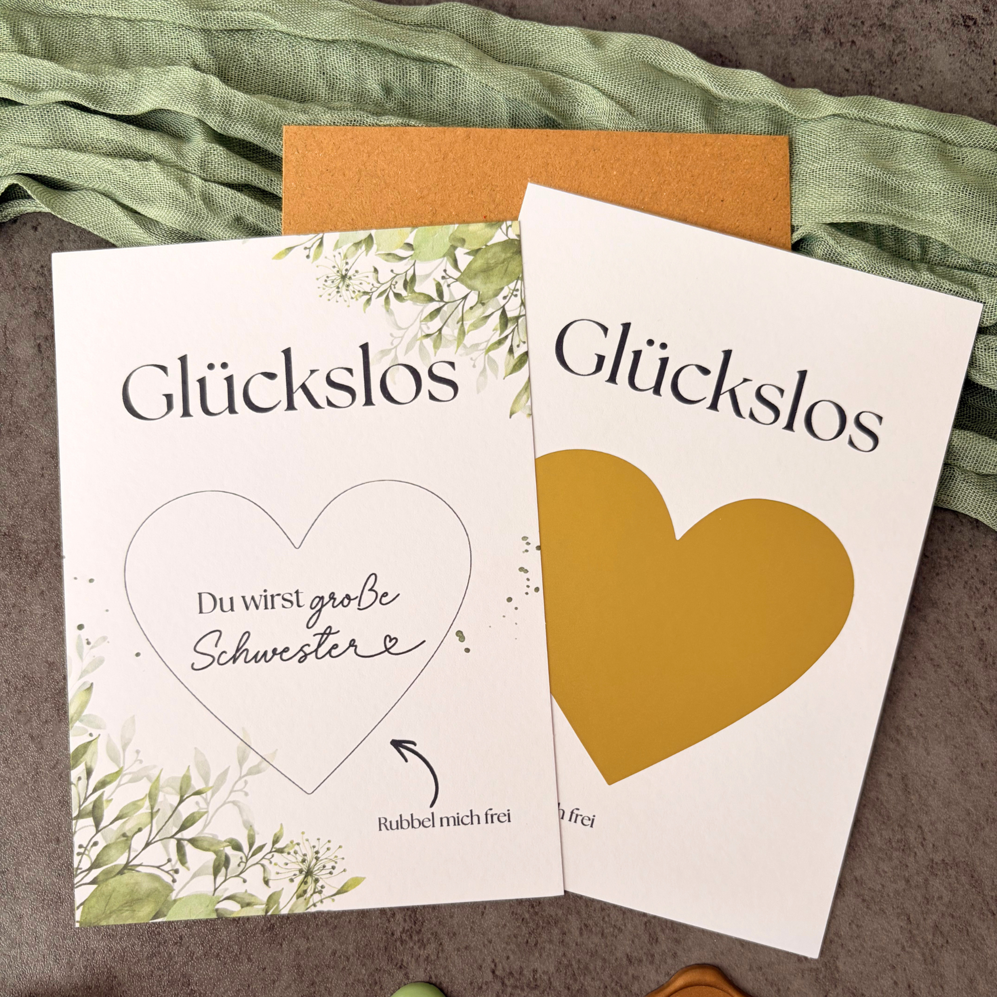 Rubbelkarte „Du wirst Schwester“ mit goldenem Rubbelherz
