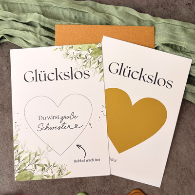 Rubbelkarte „Du wirst Schwester“ mit goldenem Rubbelherz
