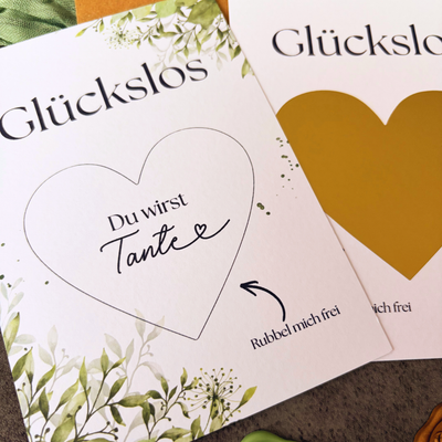 Rubbelkarte „Du wirst Tante“ vor und nach dem Freirubbeln