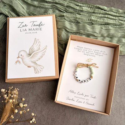 Geschenkbox zur Taufe mit Perlenarmband - Taube & Regenbogen - Produktansicht