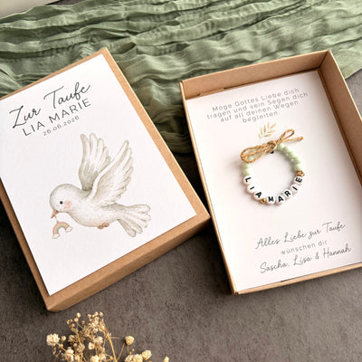 Geschenkbox zur Taufe mit Perlenarmband - Taube & Regenbogen - Detailansicht 5