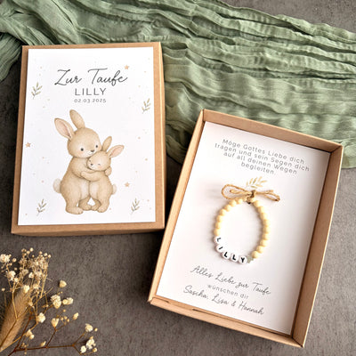 Geschenkbox zur Taufe mit Perlenarmband - Hase - Produktansicht