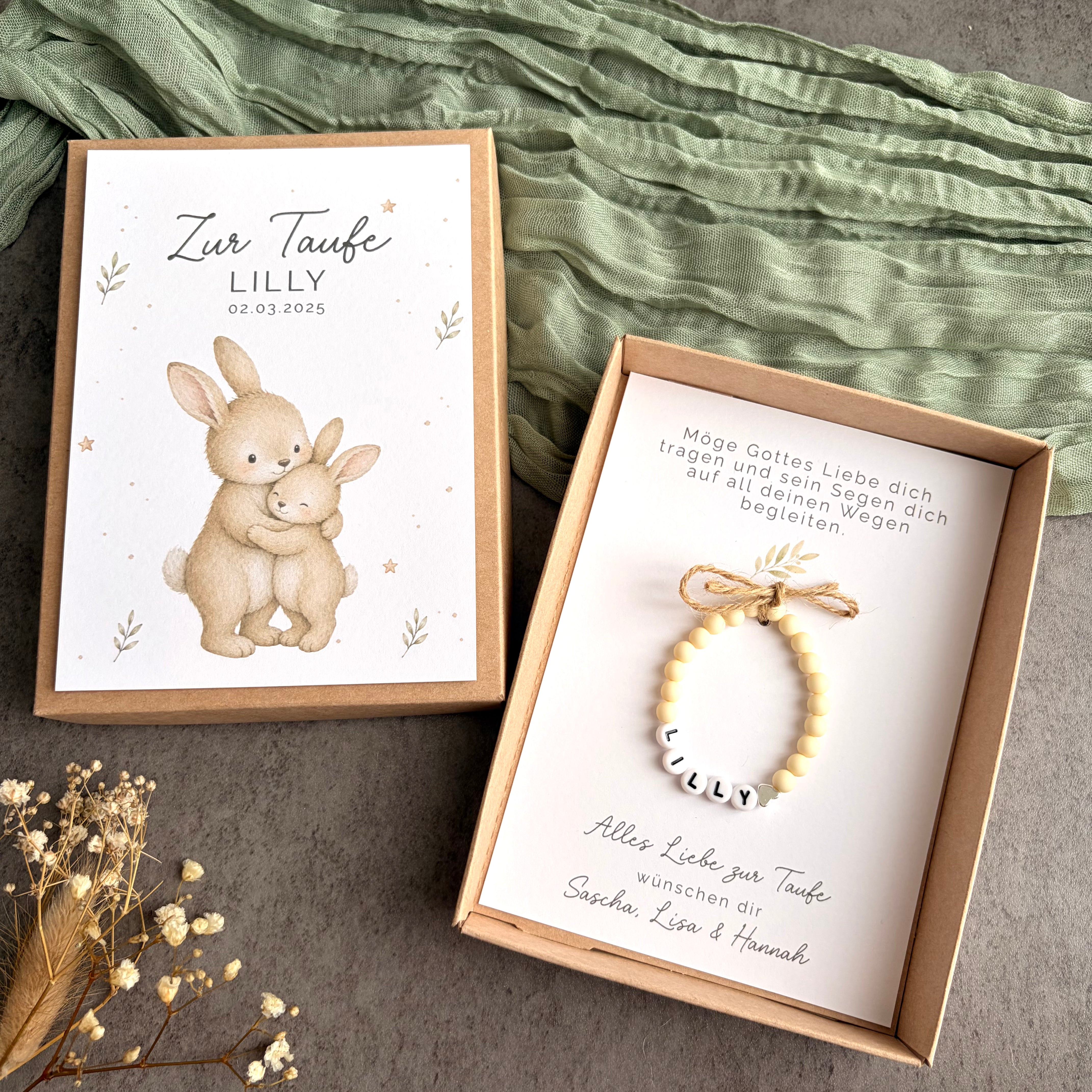 Geschenkbox zur Taufe mit Perlenarmband - Hase - Produktansicht