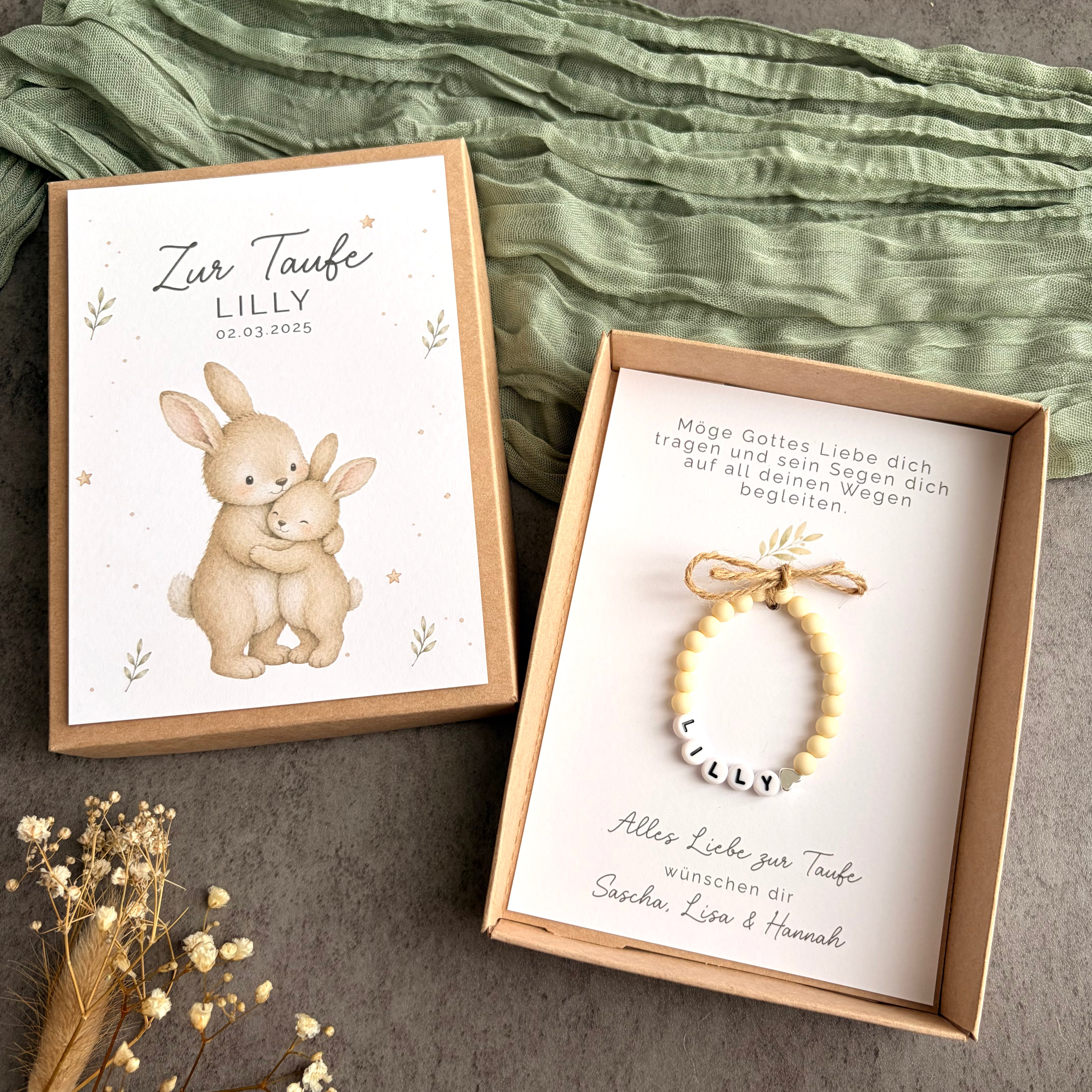 Geschenkbox zur Taufe mit Perlenarmband - Hase - Detailansicht 1
