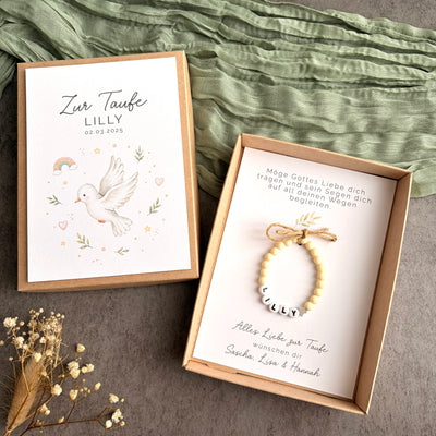 Geschenkbox zur Taufe mit Perlenarmband - Taube - Produktansicht