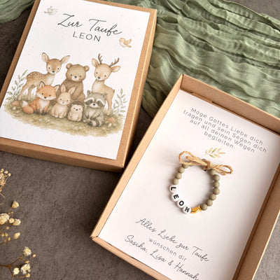 Geschenkbox zur Taufe mit Perlenarmband - Waldtiere - Detailansicht 4