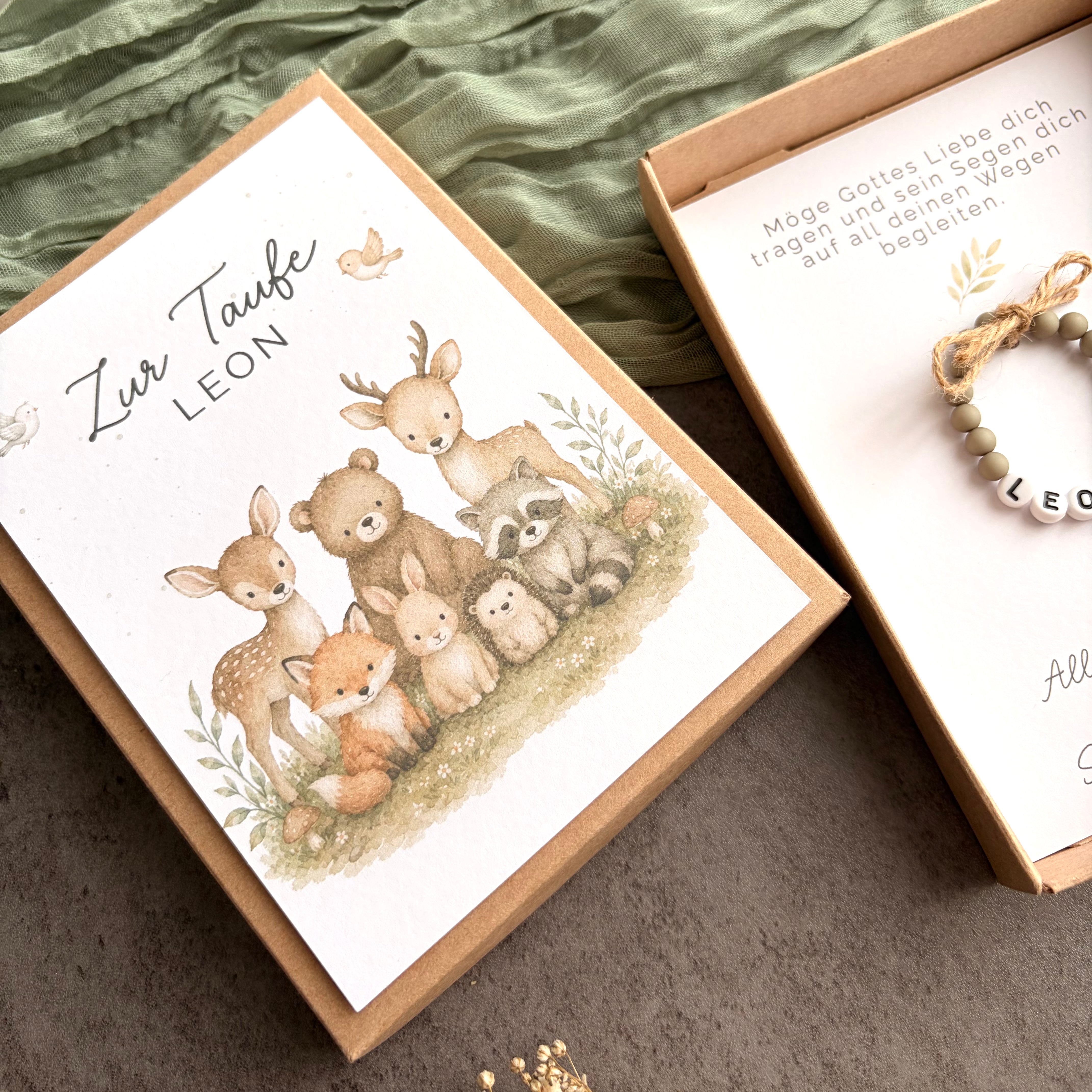 Geschenkbox zur Taufe mit Perlenarmband - Waldtiere - Detailansicht 5