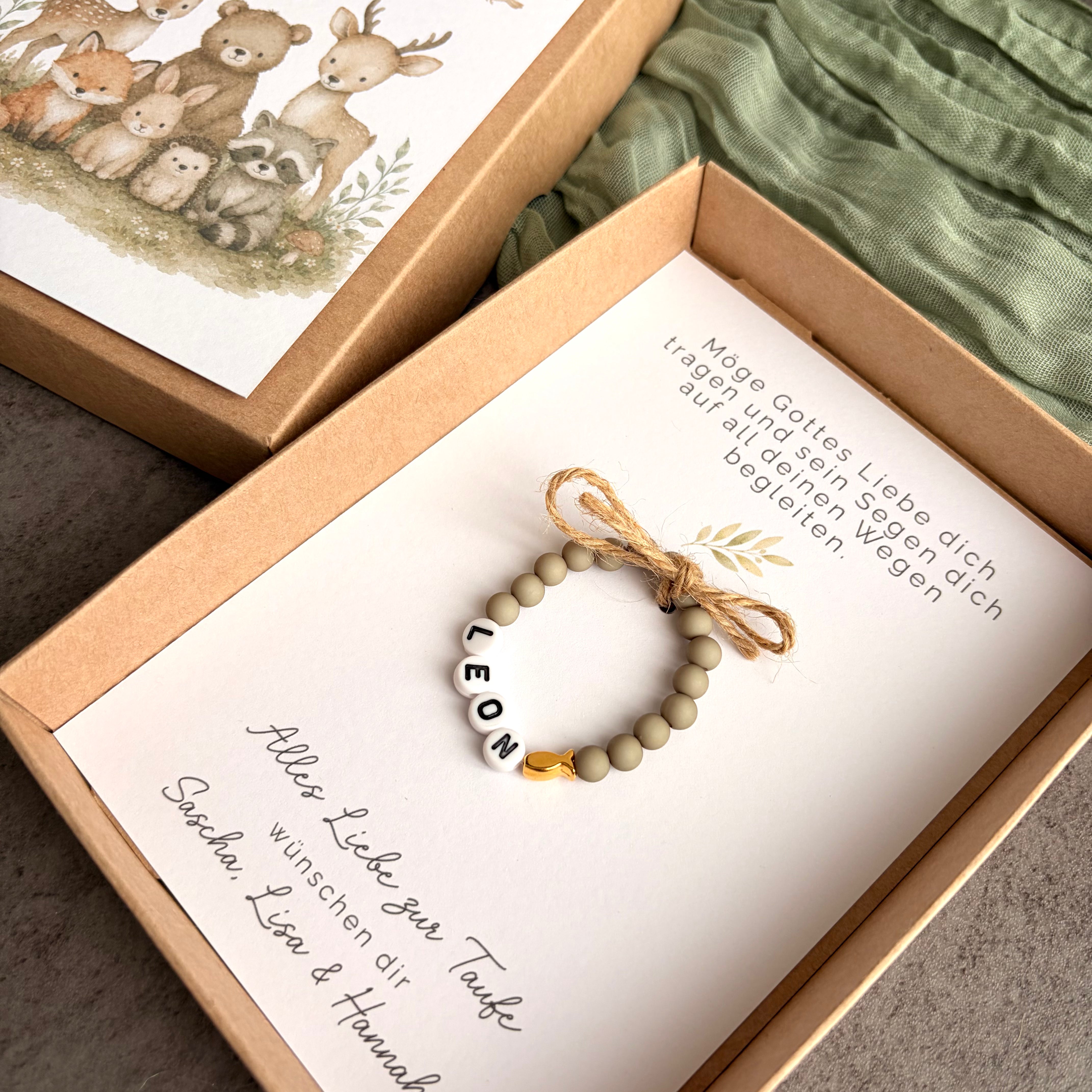 Geschenkbox zur Taufe mit Perlenarmband - Waldtiere - Detailansicht 6