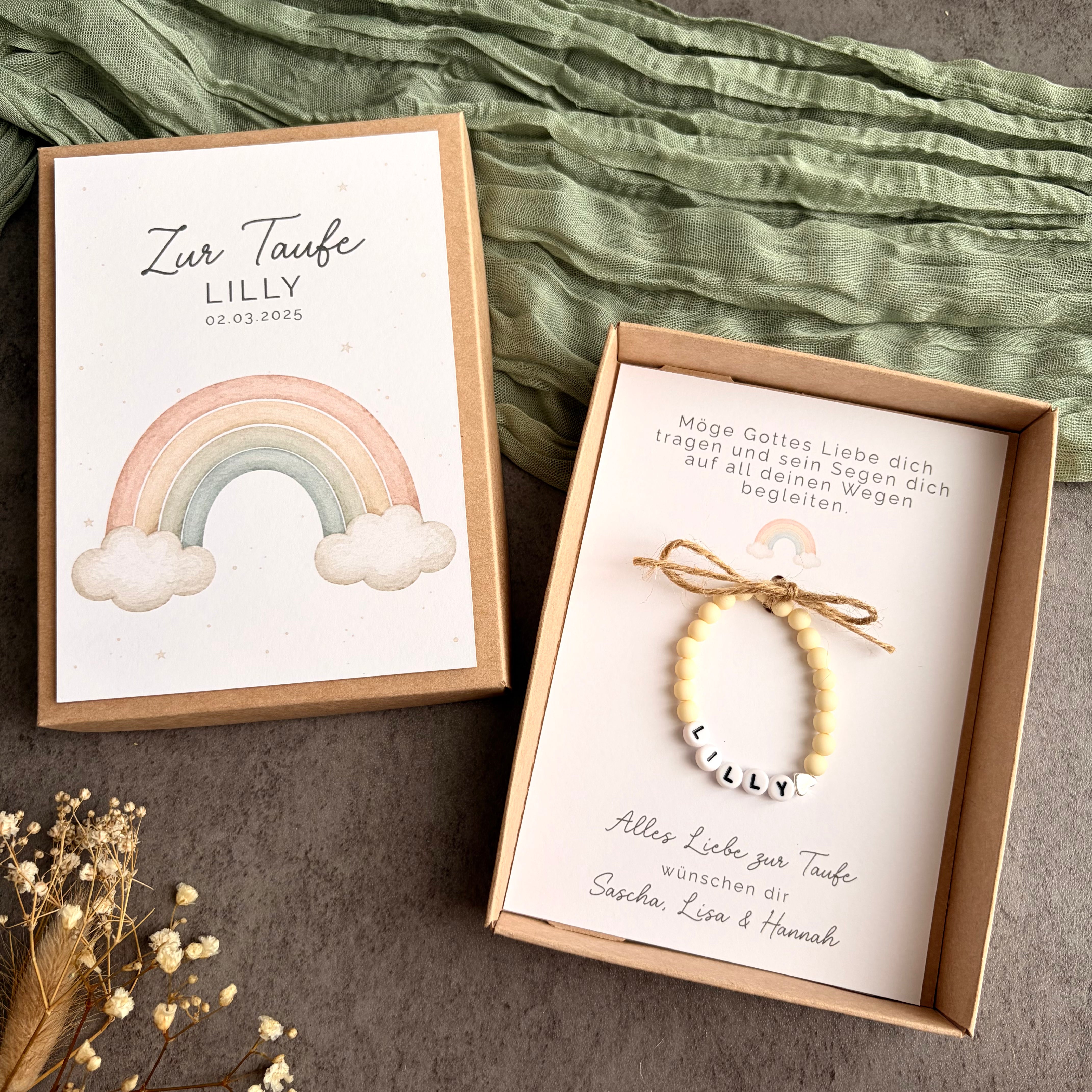 Geschenkbox zur Taufe mit Perlenarmband - Regenbogen - Produktansicht
