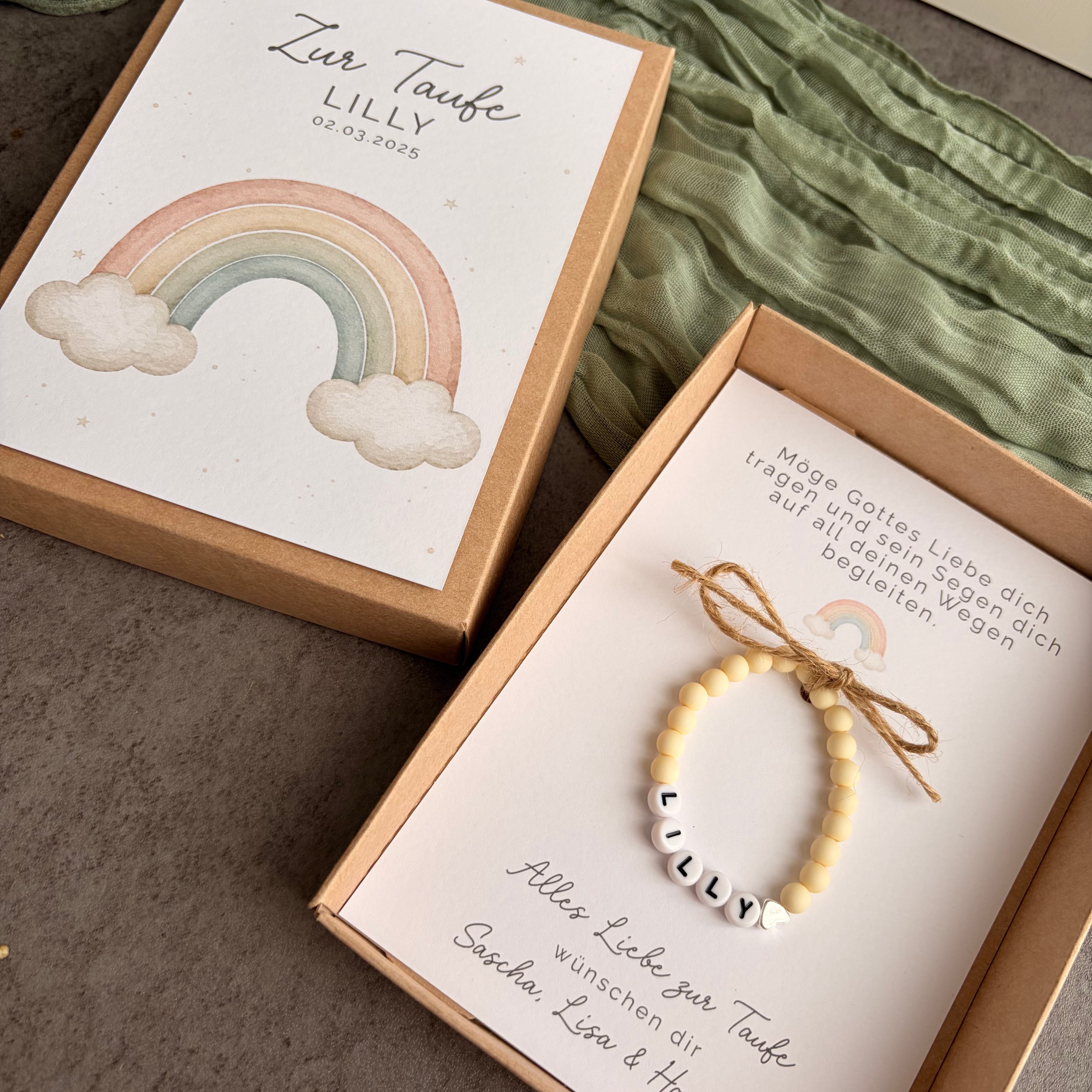 Geschenkbox zur Taufe mit Perlenarmband - Regenbogen - Detailansicht 4