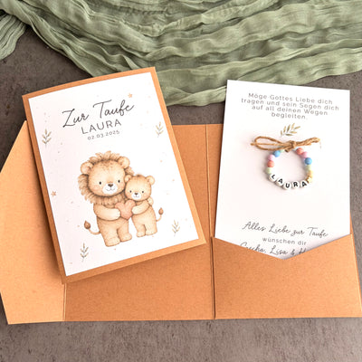 Taufgeschenk mit Perlenarmband im Pocketfold - Löwe - Produktansicht