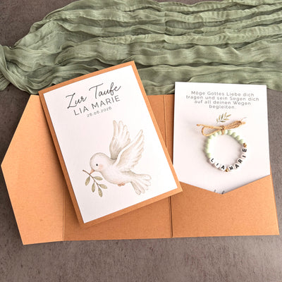 Taufgeschenk mit Perlenarmband im Pocketfold - Taube mit Zweig - Produktansicht