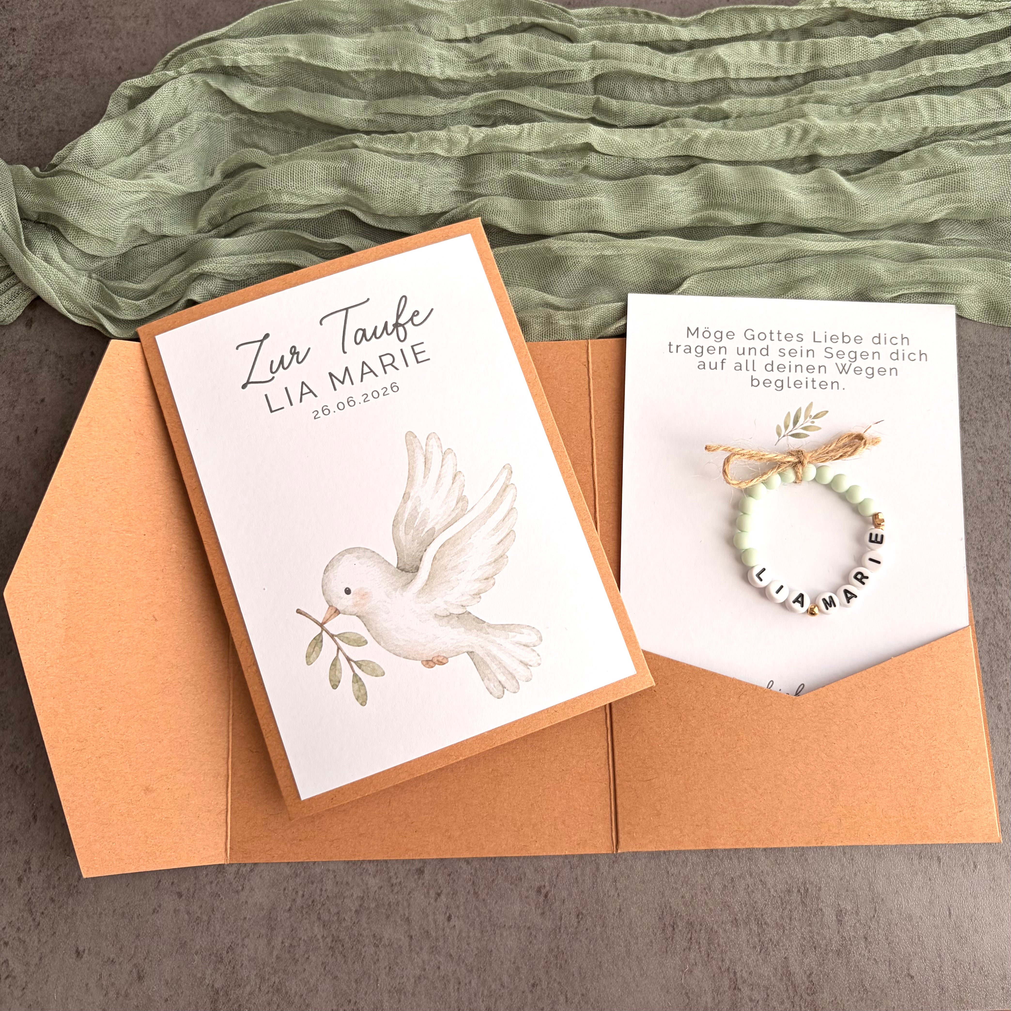 Taufgeschenk mit Perlenarmband im Pocketfold - Taube mit Zweig - Produktansicht