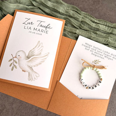 Taufgeschenk mit Perlenarmband im Pocketfold - Taube mit Zweig - Detailansicht 5