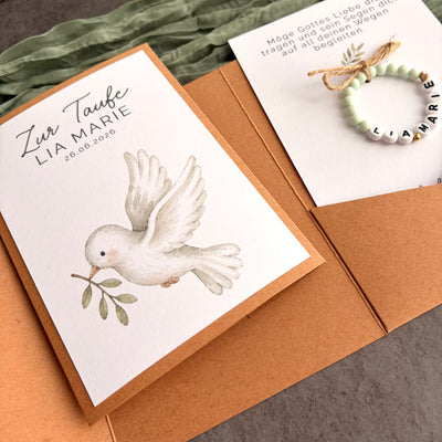 Taufgeschenk mit Perlenarmband im Pocketfold - Taube mit Zweig - Detailansicht 6