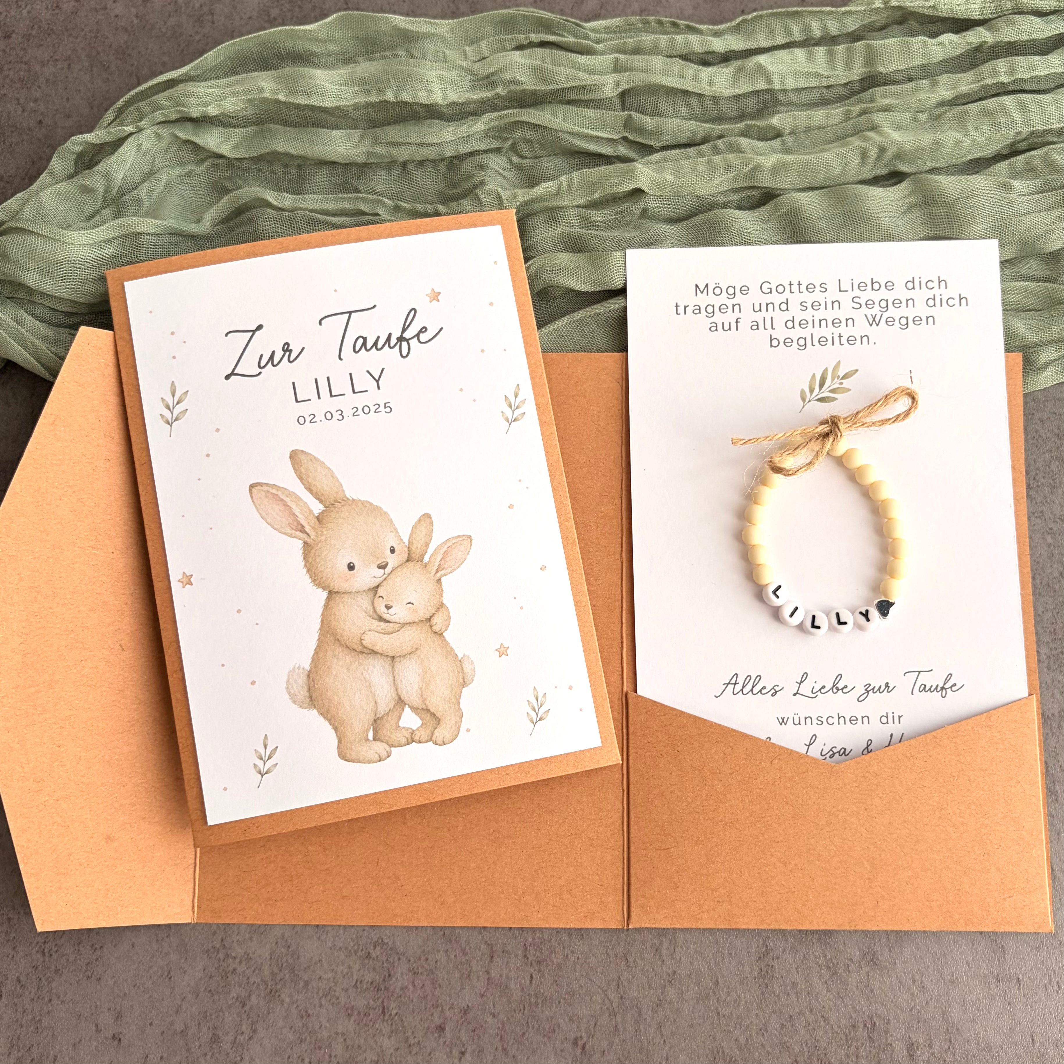Taufgeschenk mit Perlenarmband im Pocketfold - Hase - Produktansicht