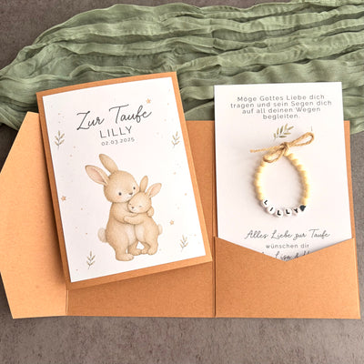 Taufgeschenk mit Perlenarmband im Pocketfold - Hase - Produktansicht