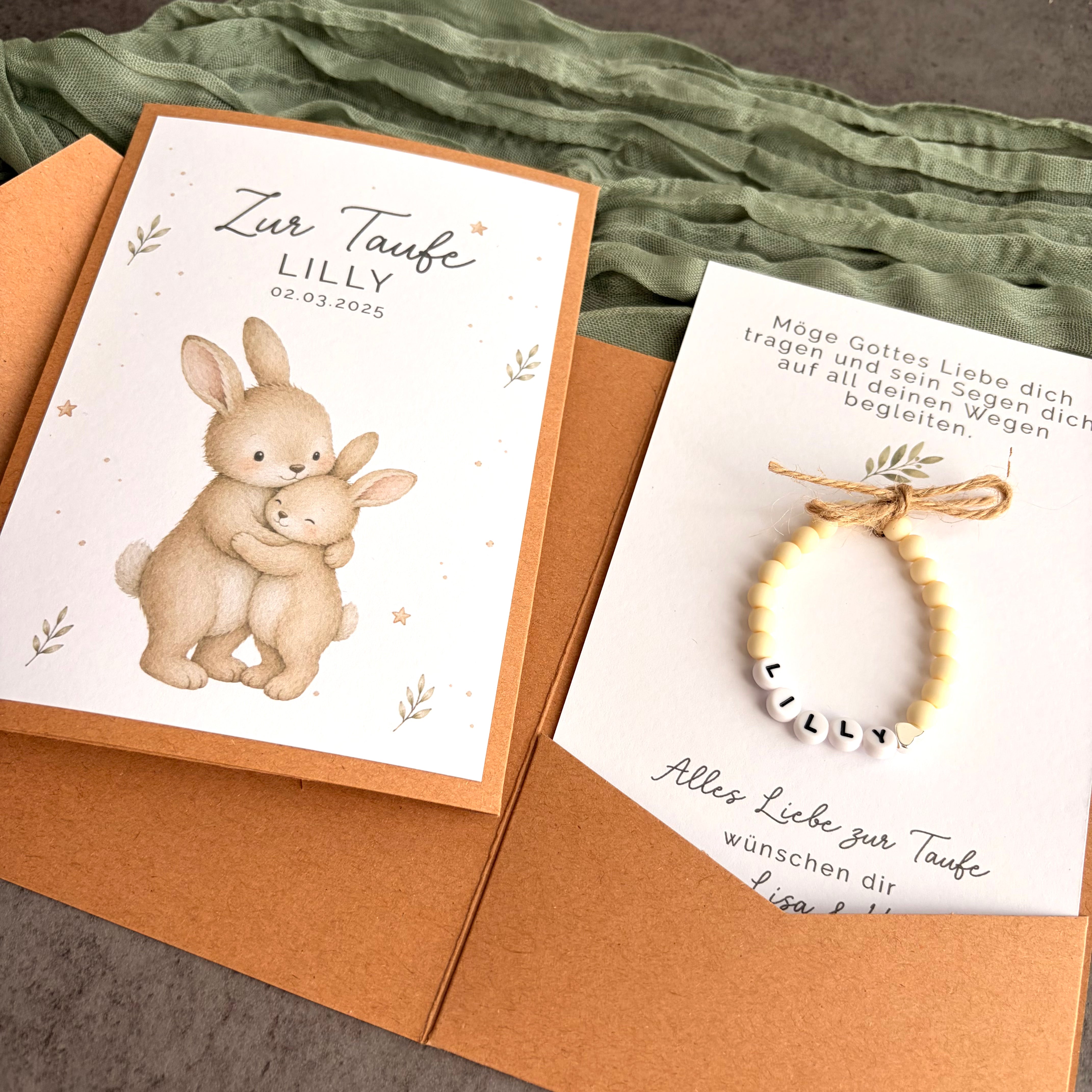Taufgeschenk mit Perlenarmband im Pocketfold - Hase - Detailansicht 5