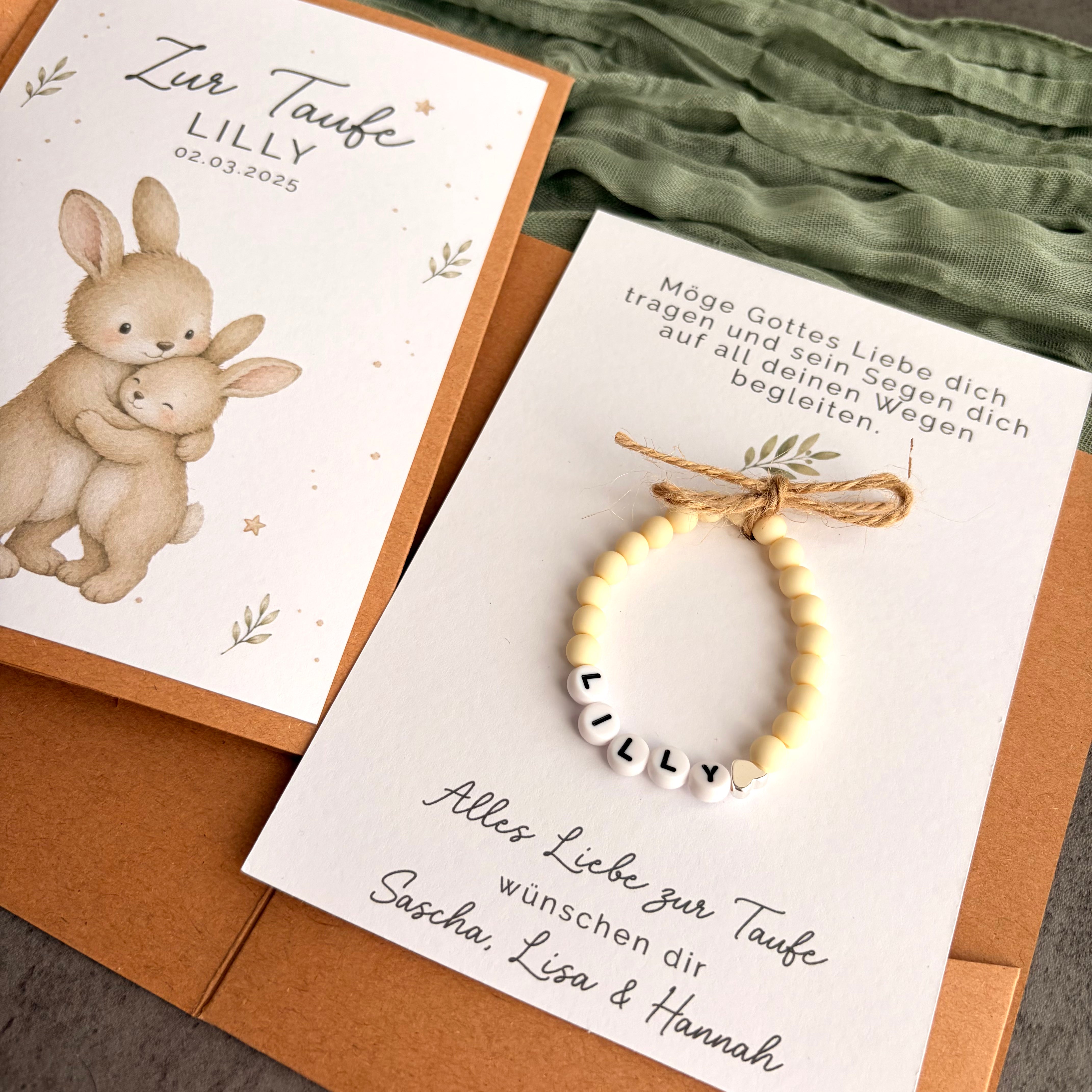 Taufgeschenk mit Perlenarmband im Pocketfold - Hase - Detailansicht 1