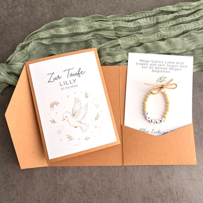 Taufgeschenk mit Perlenarmband im Pocketfold - Taube - Produktansicht